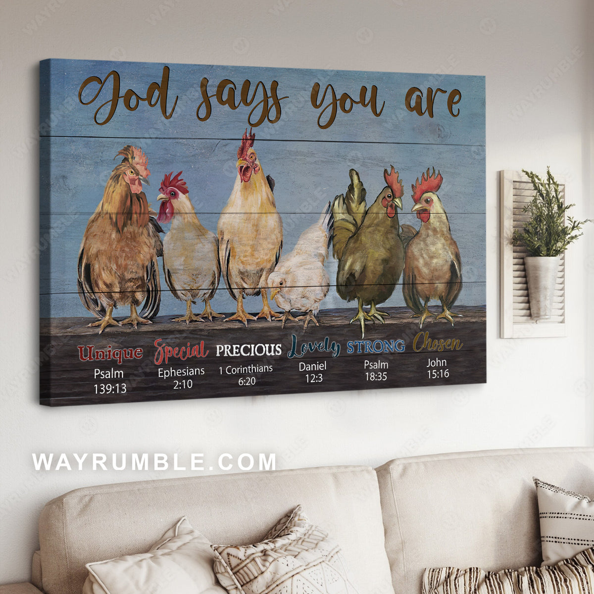 Chicken farm, Blue background, God says you are unique - Jesus Landscape Canvas Prints, Christian Wall Art