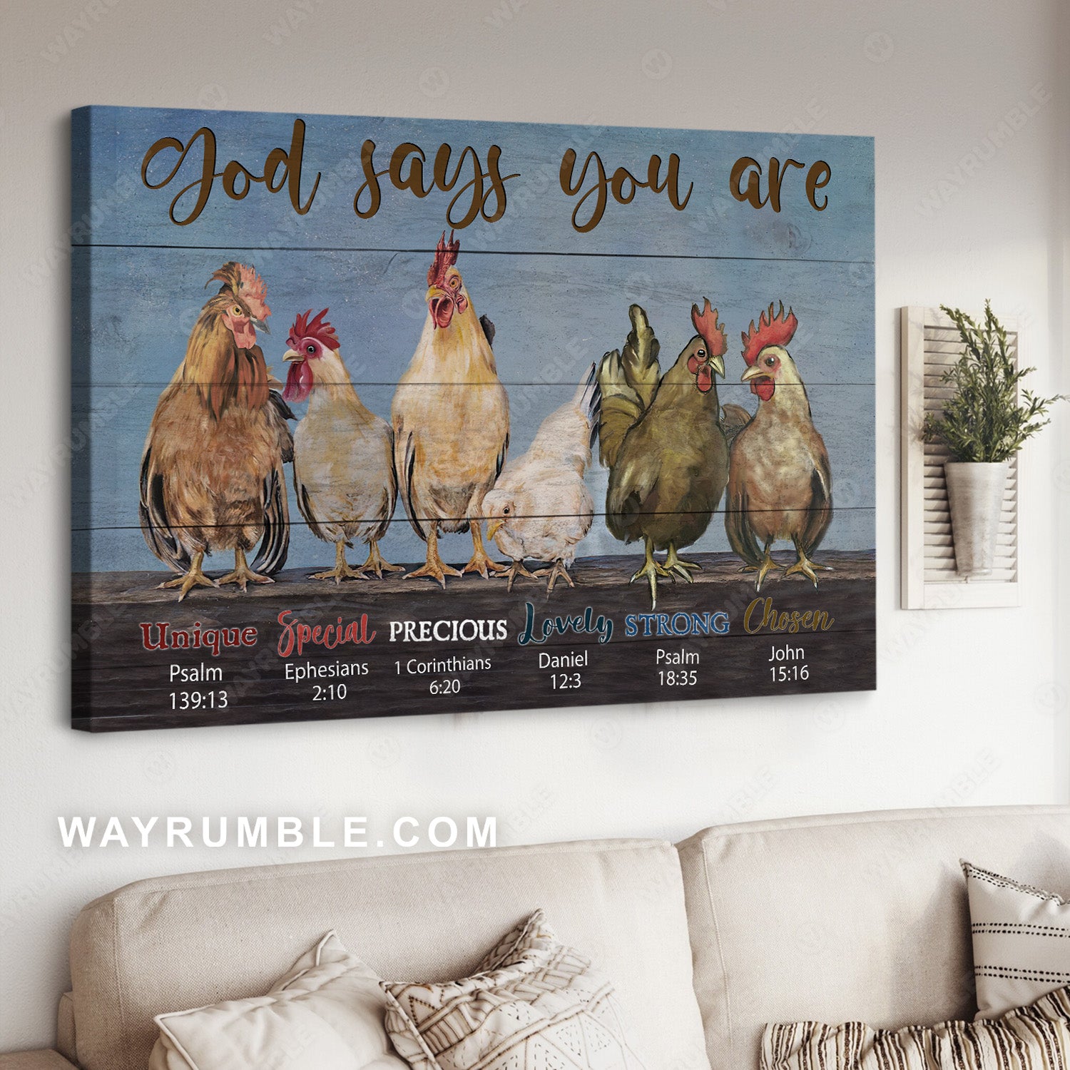 Chicken farm, Blue background, God says you are unique - Jesus Landscape Canvas Prints, Christian Wall Art