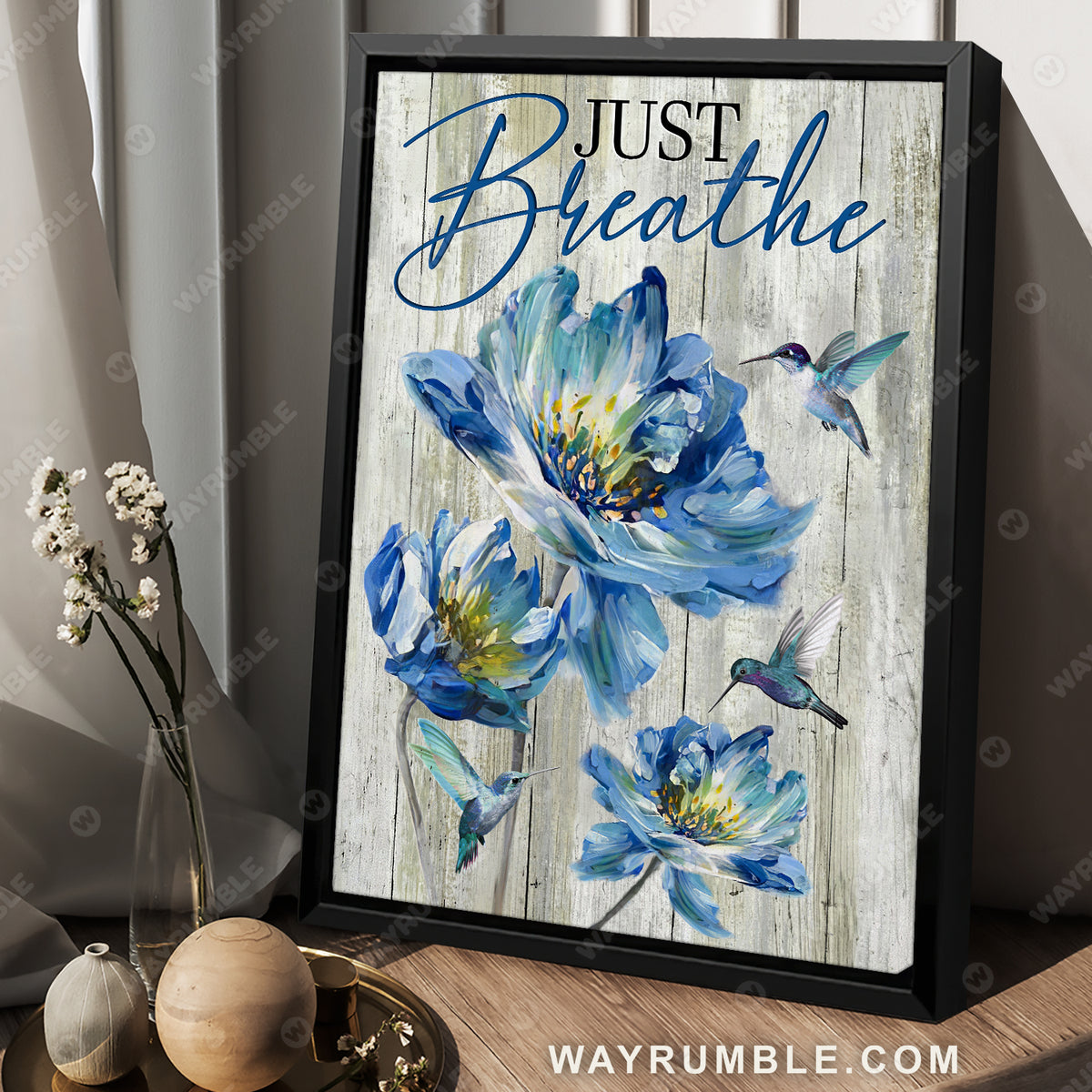 Blue chrysanthemum flower, Hummingbird drawing, Just breathe - Jesus Portrait Canvas Prints, Christian Wall Art