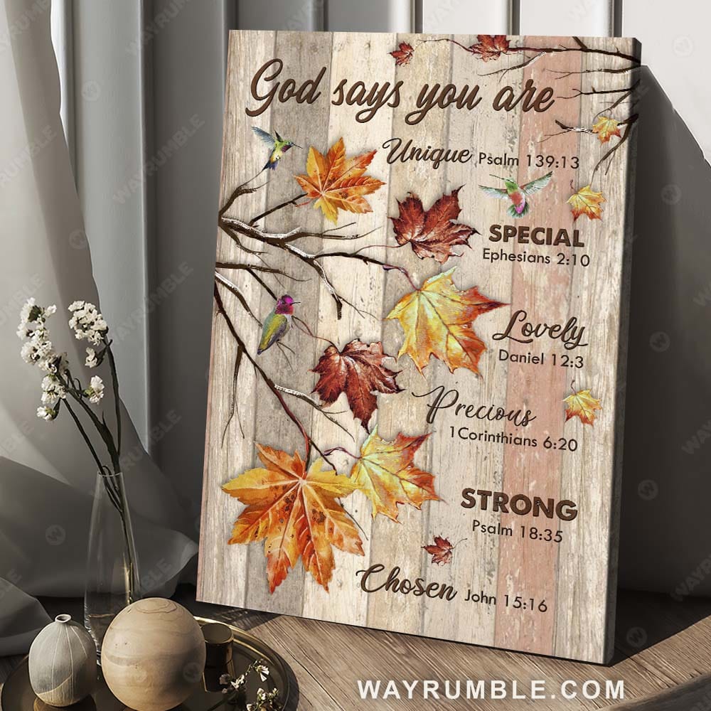 Maple leaf, Autumn forest, Hummingbird, God says you are unique - Jesus Portrait Canvas Prints, Christian Wall Art