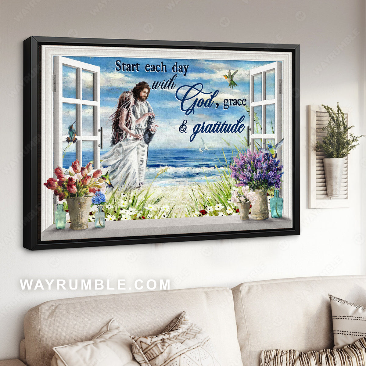 Pretty girl, Walking with Jesus, Blue ocean, Start each day with God - Jesus Landscape Canvas Prints, Christian Wall Art
