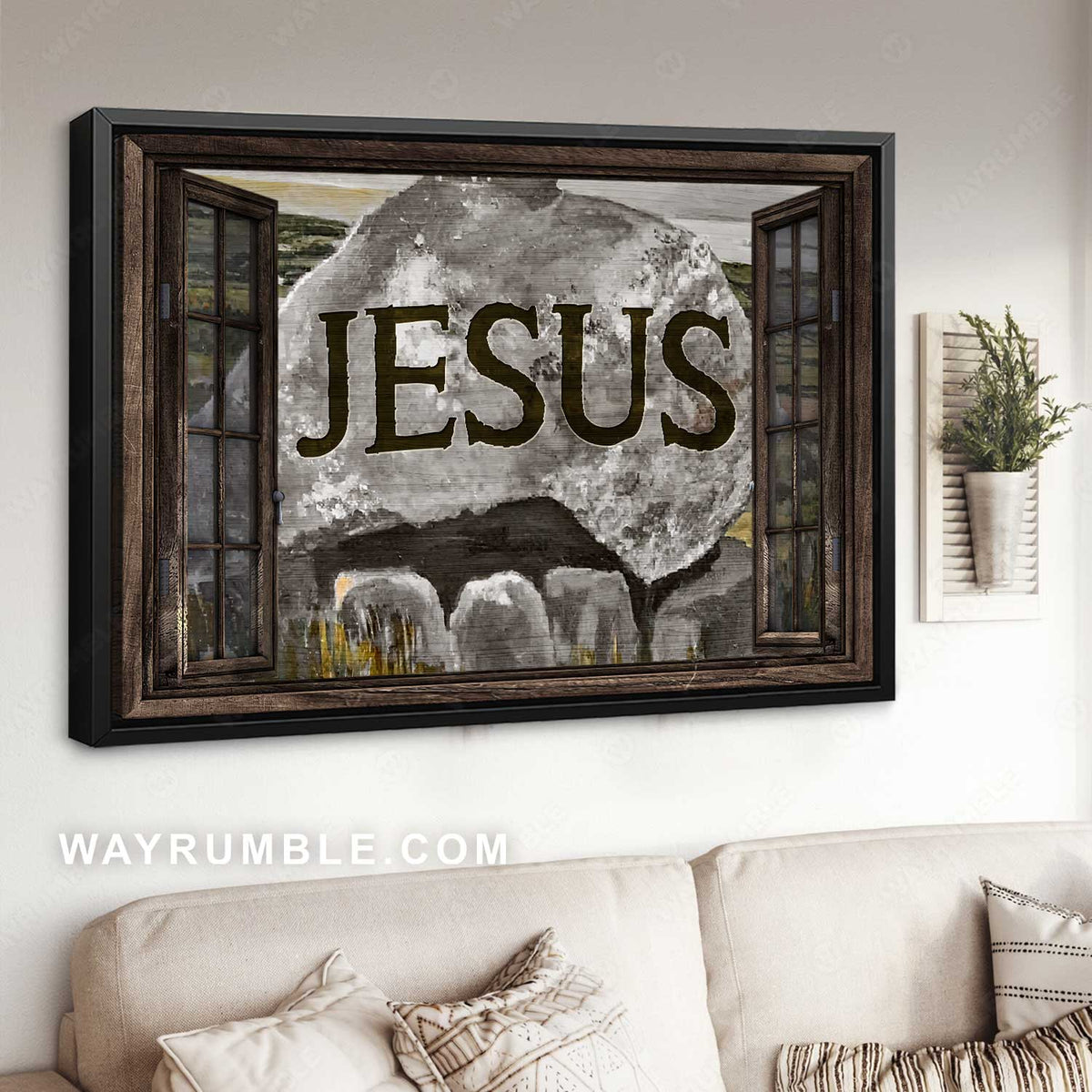 Rock mountain, Meadow land, Wooden window, Jesus - Jesus Landscape Canvas Prints, Home Decor Wall Art