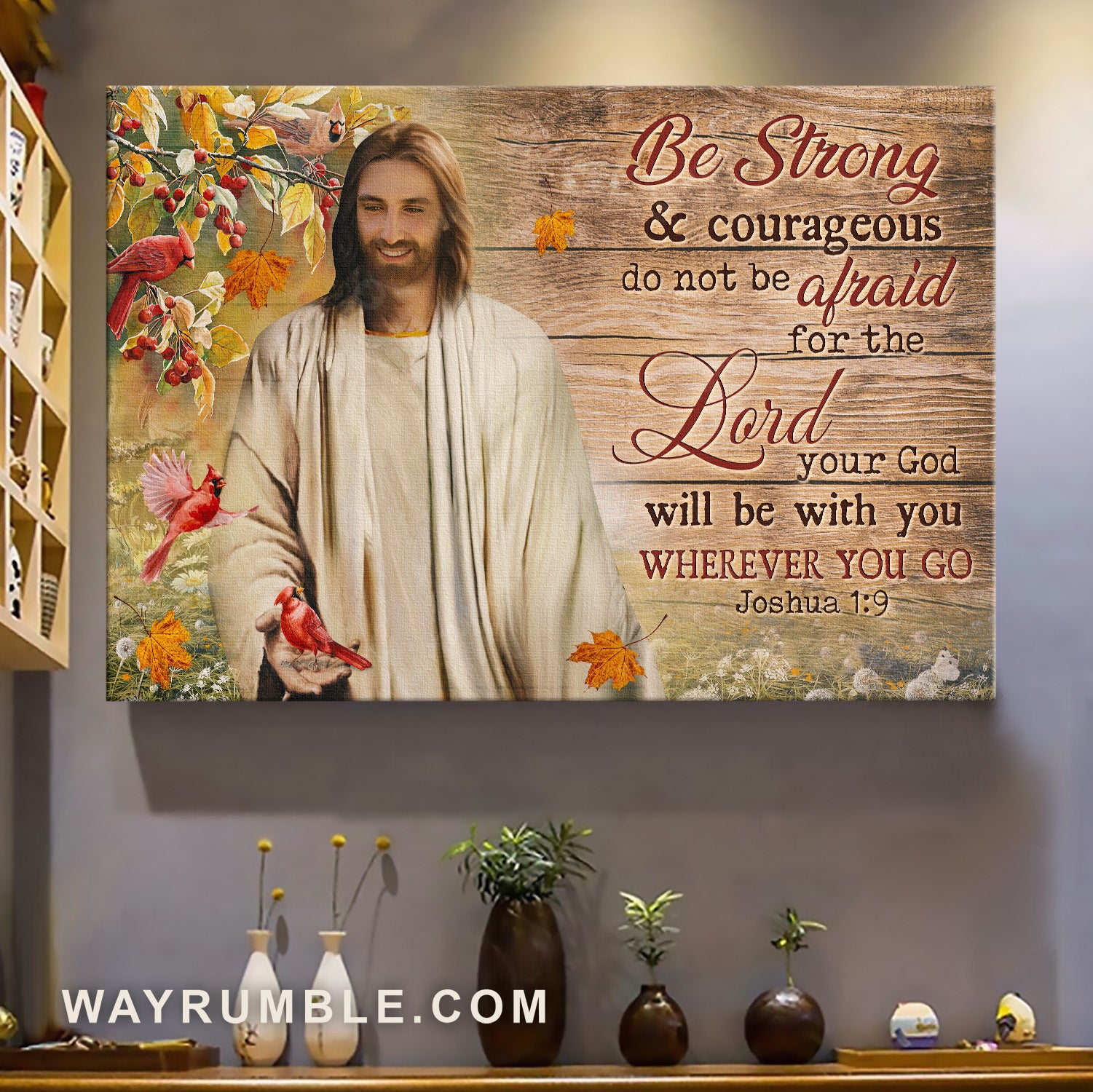 Jesus's smile, Red cranberry, Beautiful cardinal, Be strong and courageous - Jesus Landscape Canvas Prints, Home Decor Wall Art