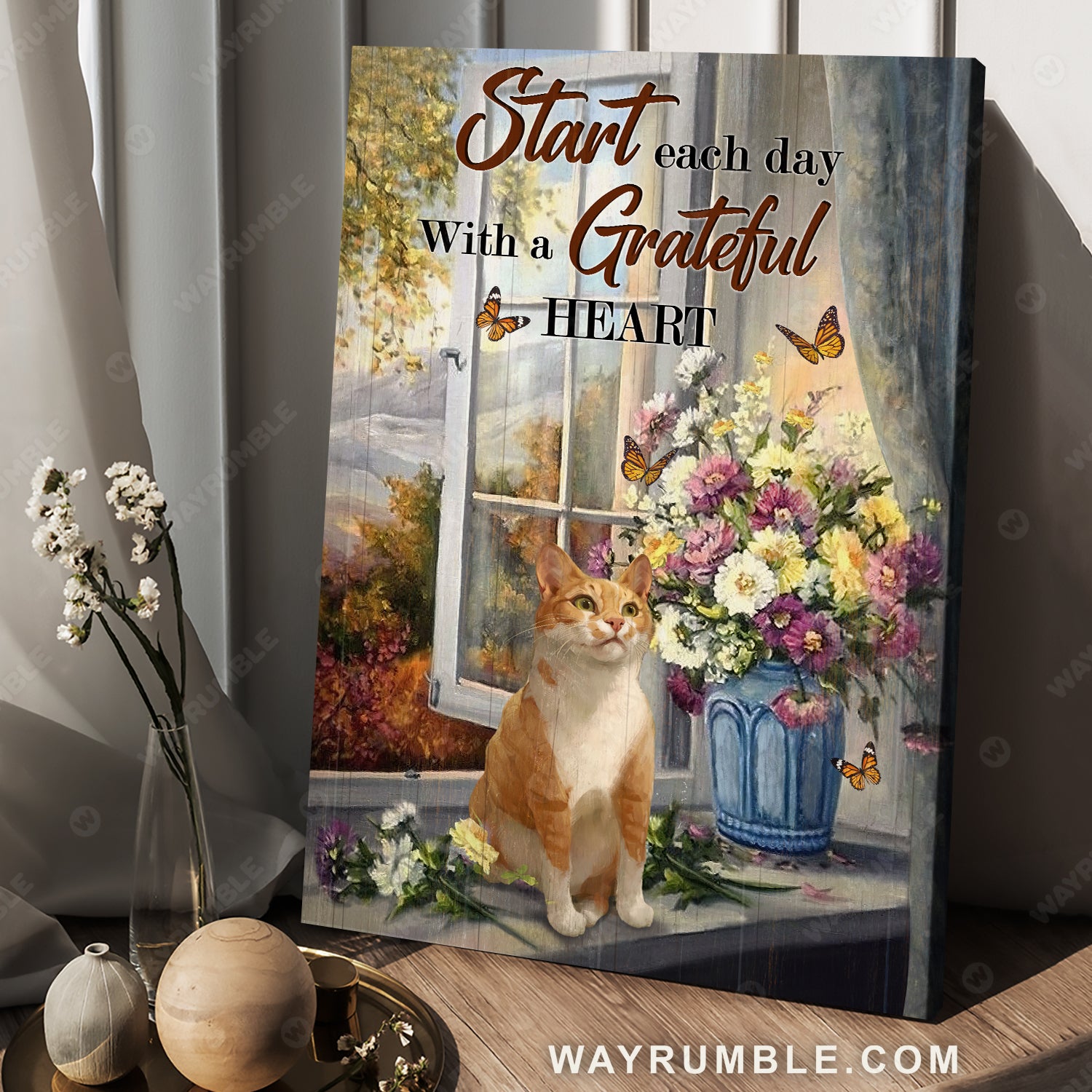 Watercolor cat, Pretty flower, Start each day with a grateful heart - Jesus Portrait Canvas Prints, Christian Wall Art