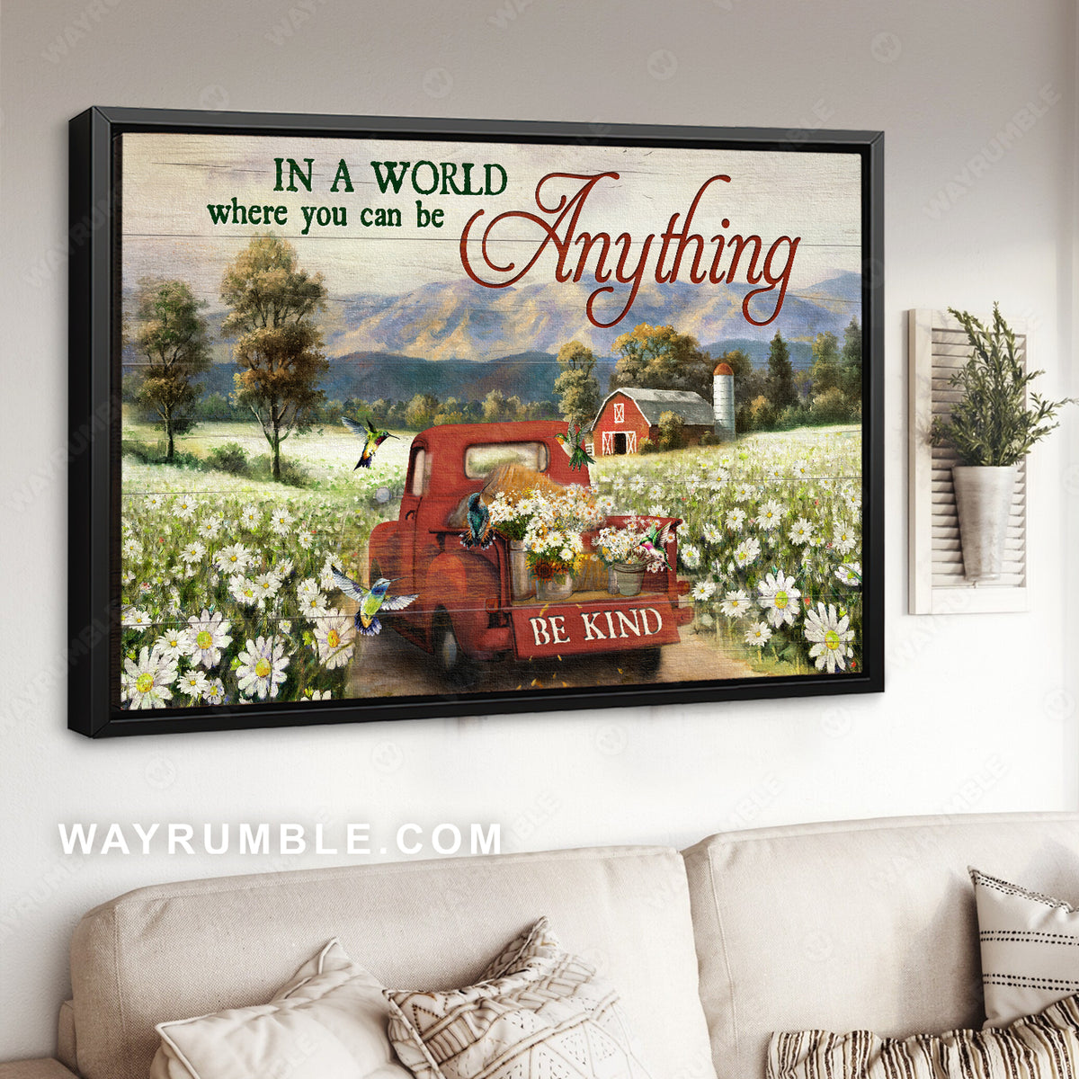Pretty daisy field, Red ladybug car, Peace farm, In a world where you can be anything - Jesus Landscape Canvas Prints, Christian Wall Art