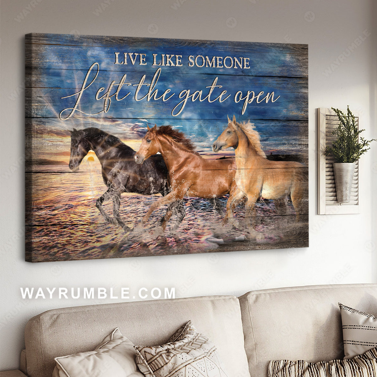 Blue sky, Running horses, Beautiful ocean, Live like someone - Jesus Landscape Canvas Prints, Home Decor Wall Art