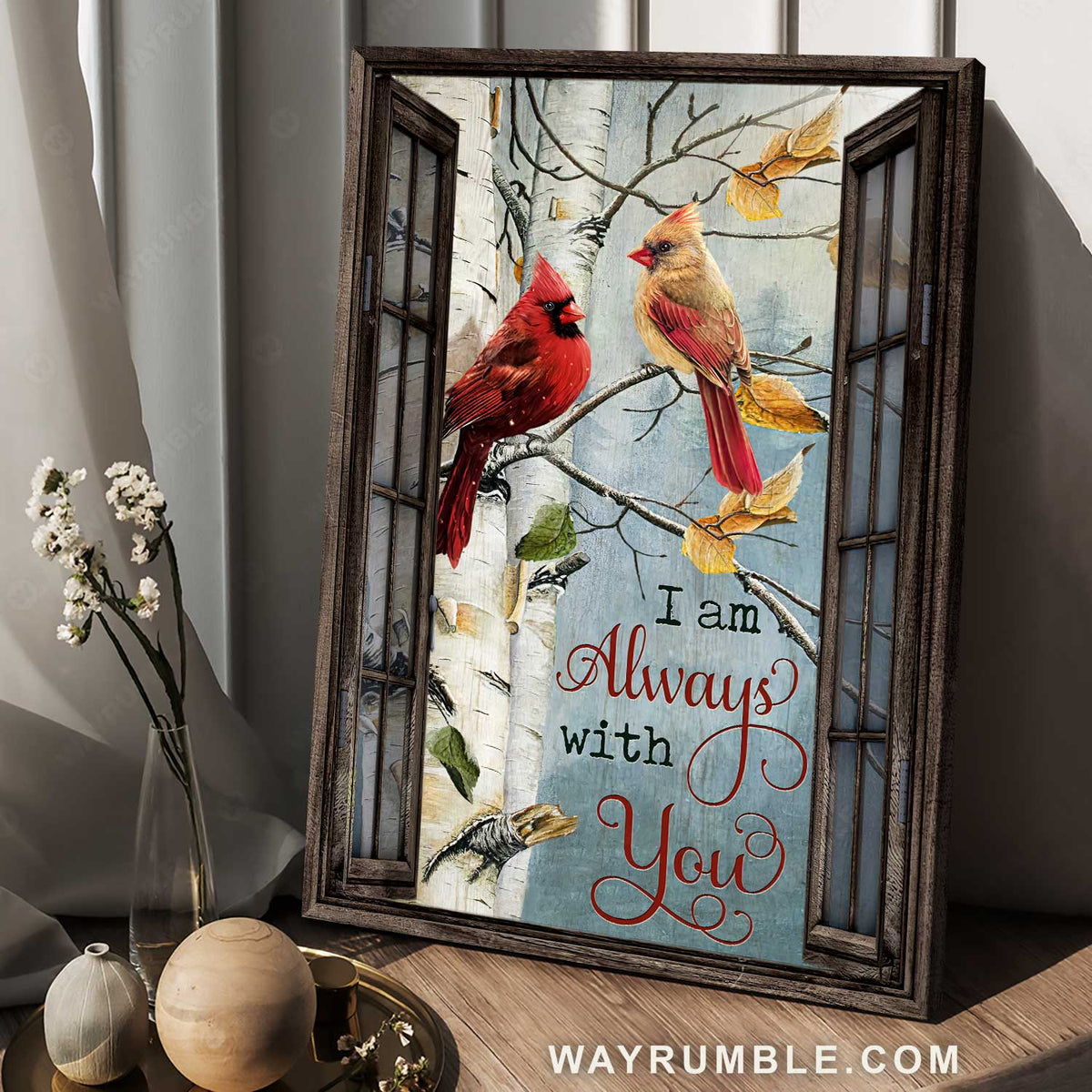 Pretty cardinal, Autumn vibe, Brown window, I am always with you - Jesus Portrait Canvas Prints, Home Decor Wall Art