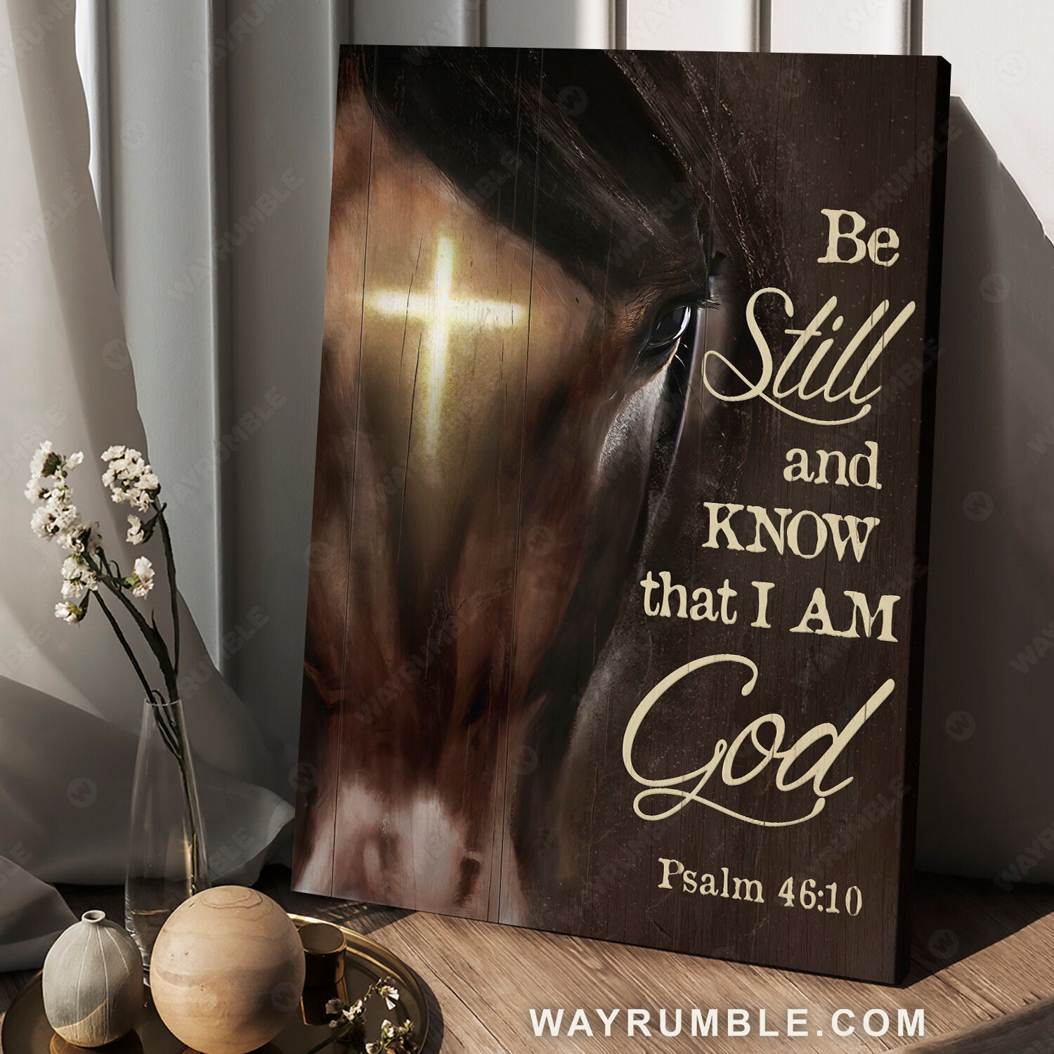 Face of horse, Cross, Brown background, Be still and know that I am God - Jesus Portrait Canvas Prints, Christian Wall Art