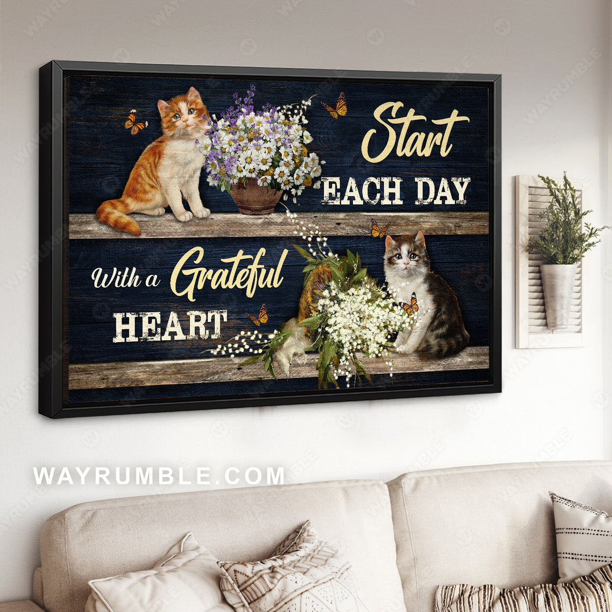 Cute cat drawing, Beautiful flower, Start each day with a grateful heart - Jesus Landscape Canvas Prints, Christian Wall Art