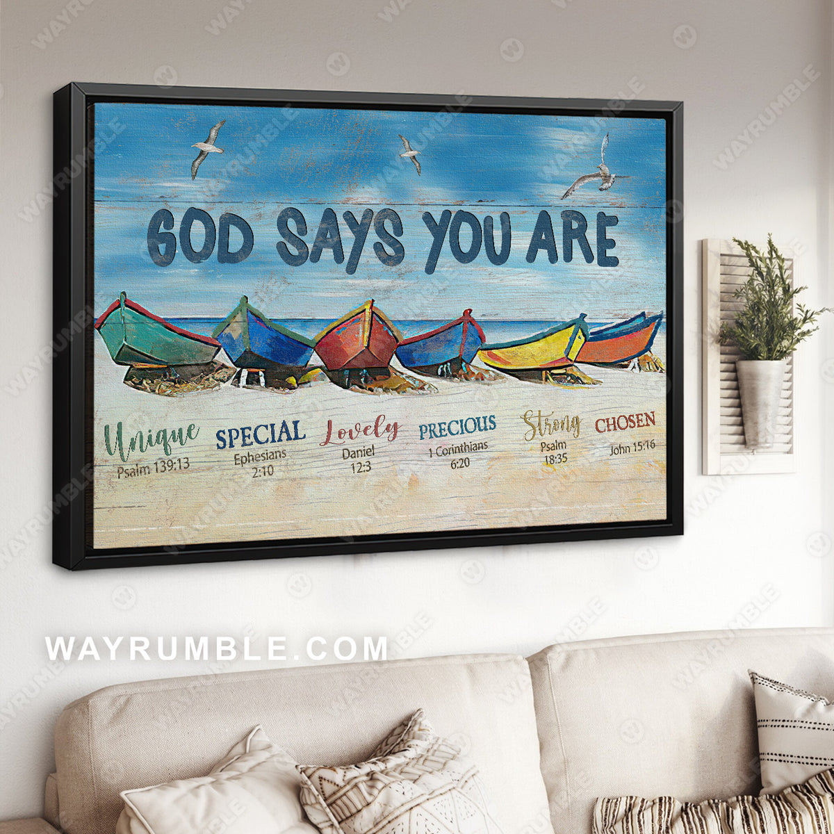 Colorful boat, Beach painting, Seagull drawing, God says you are - Jesus Landscape Canvas Prints, Christian Wall Art