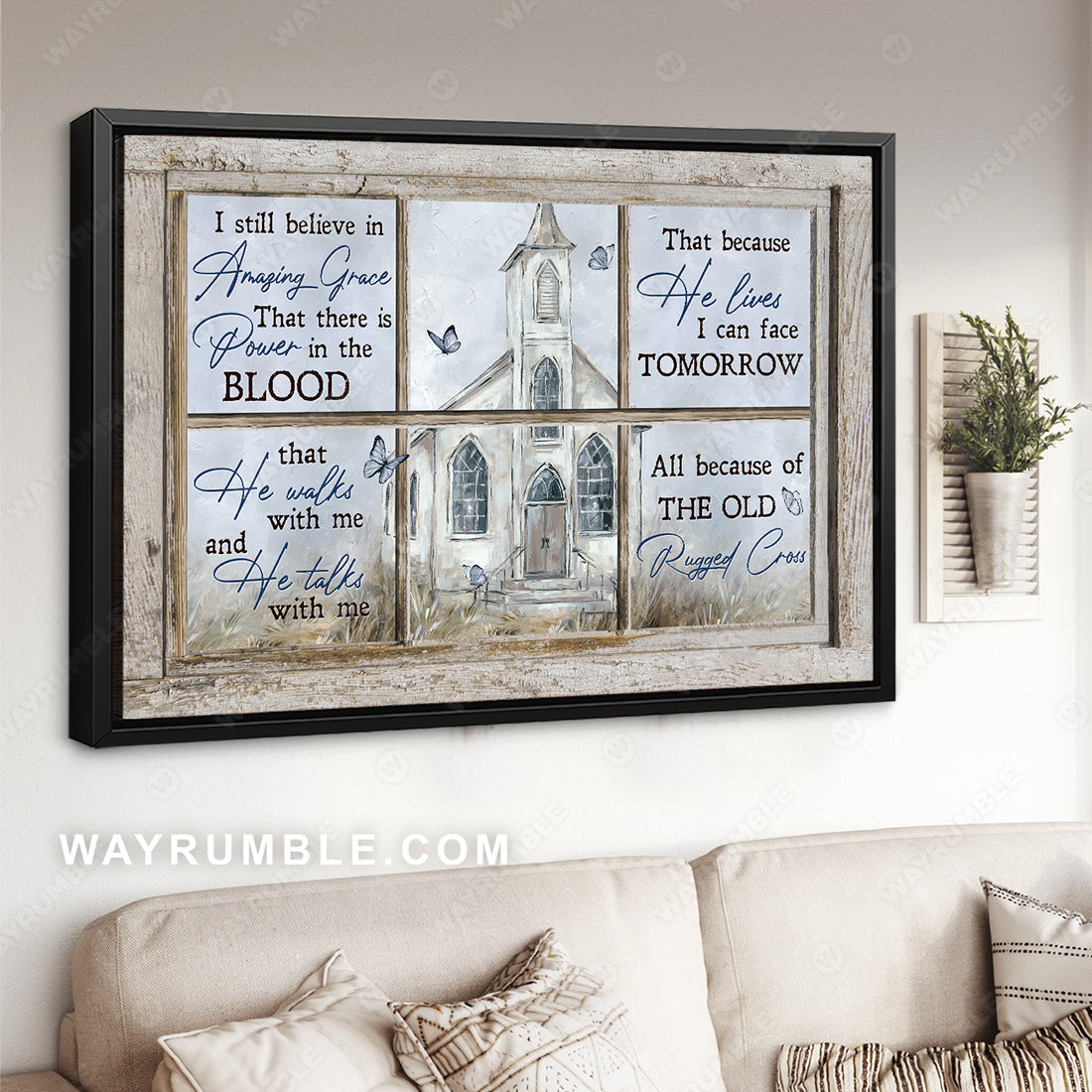 Vintage church, Blue butterfly, I still believe in amazing grace - Jesus Landscape Canvas Prints, Christian Wall Art