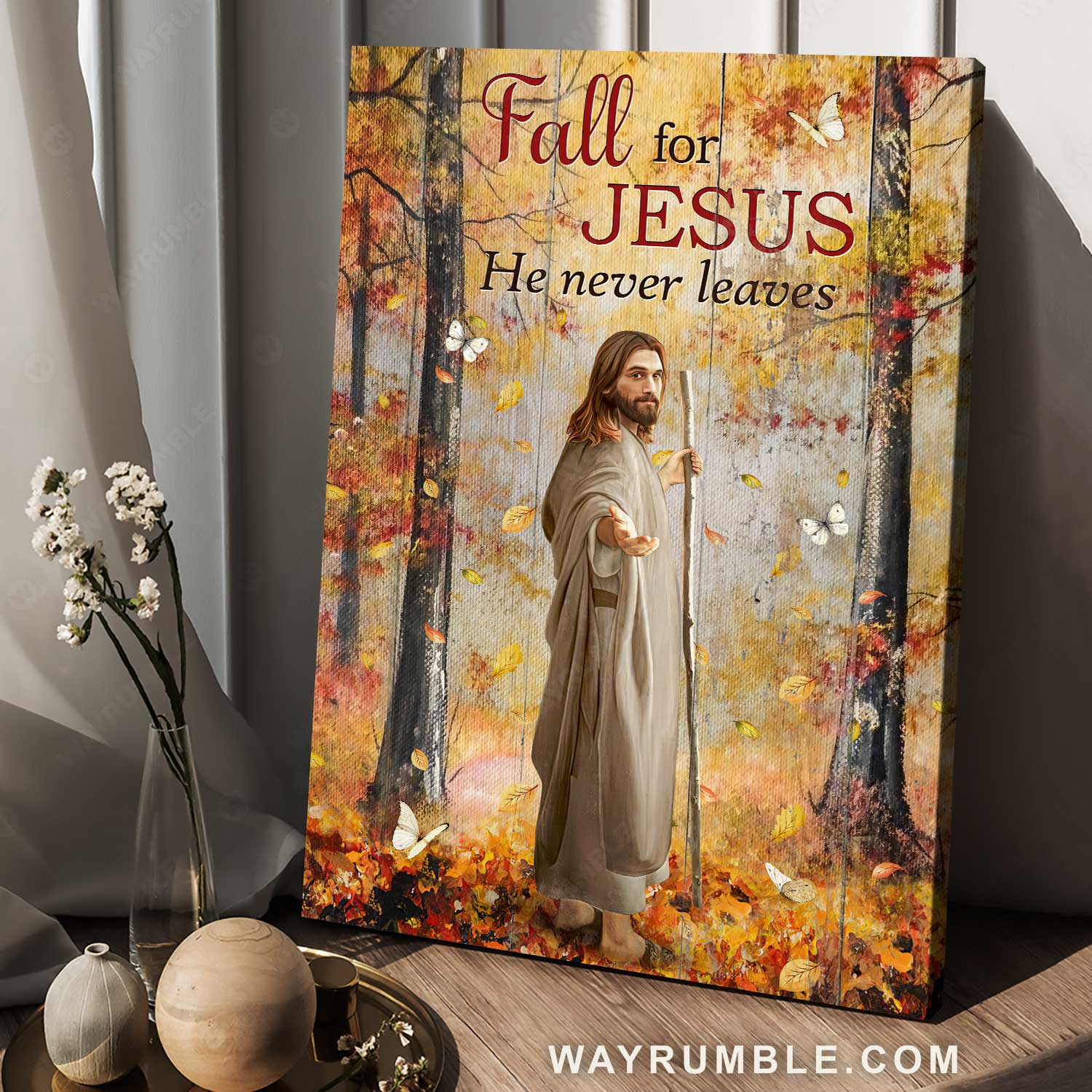 Walking with Jesus, Jesus calls, Autumn forest, Fall for Jesus, He never leaves - Jesus Portrait Canvas Prints, Home Decor Wall Art