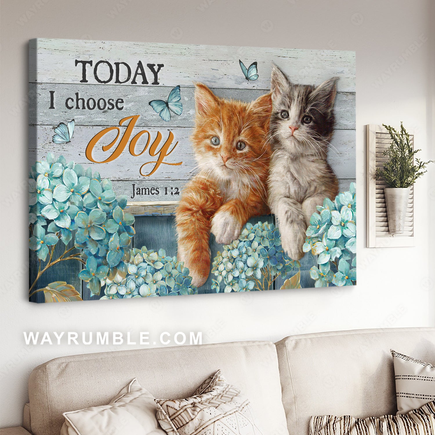 Little cat painting, Blue hydrangea garden, Today I choose joy - Jesus Landscape Canvas Prints, Christian Wall Art