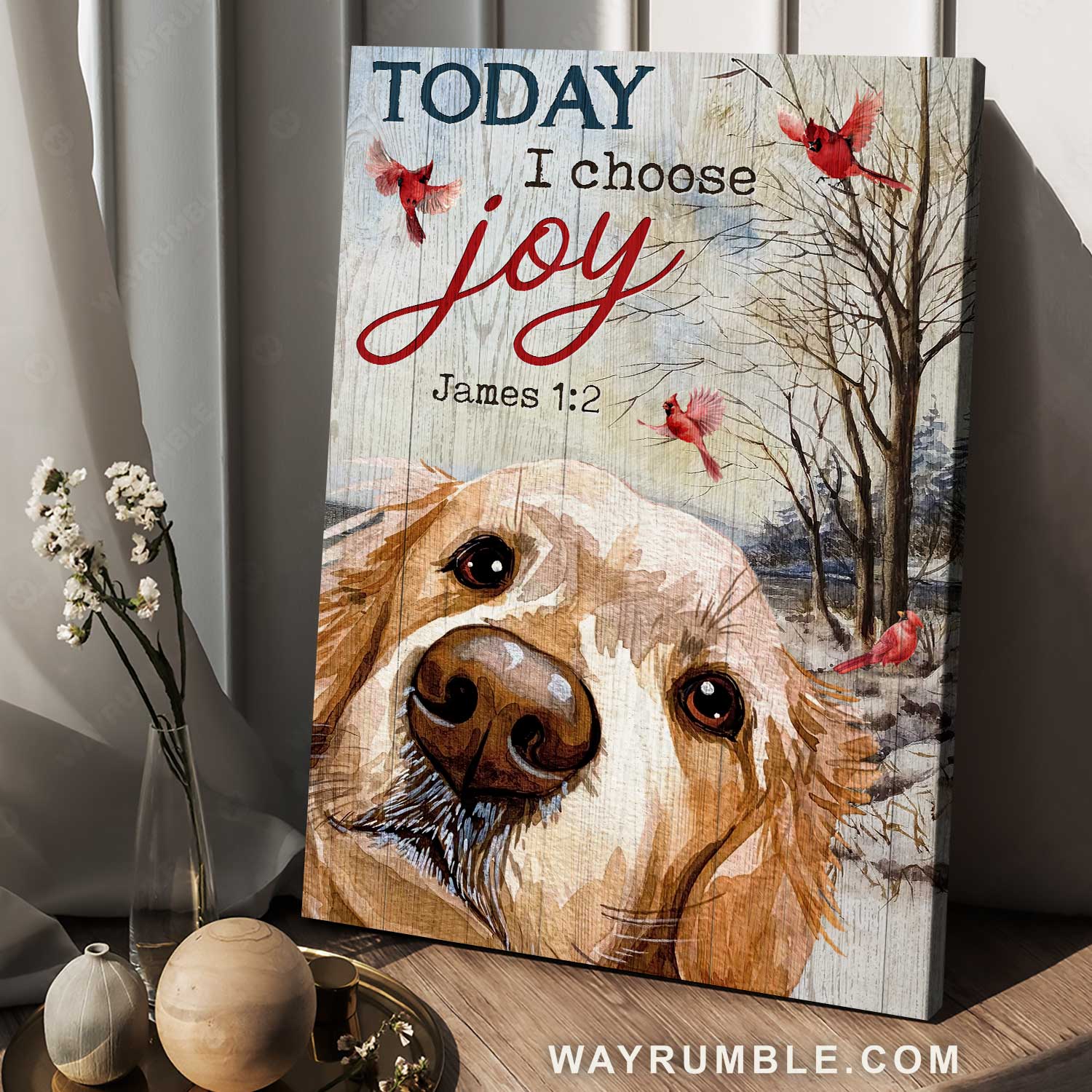 Watercolor Golden Retriever, Red cardinal, Today I choose joy - Jesus Portrait Canvas Prints, Home Decor Wall Art