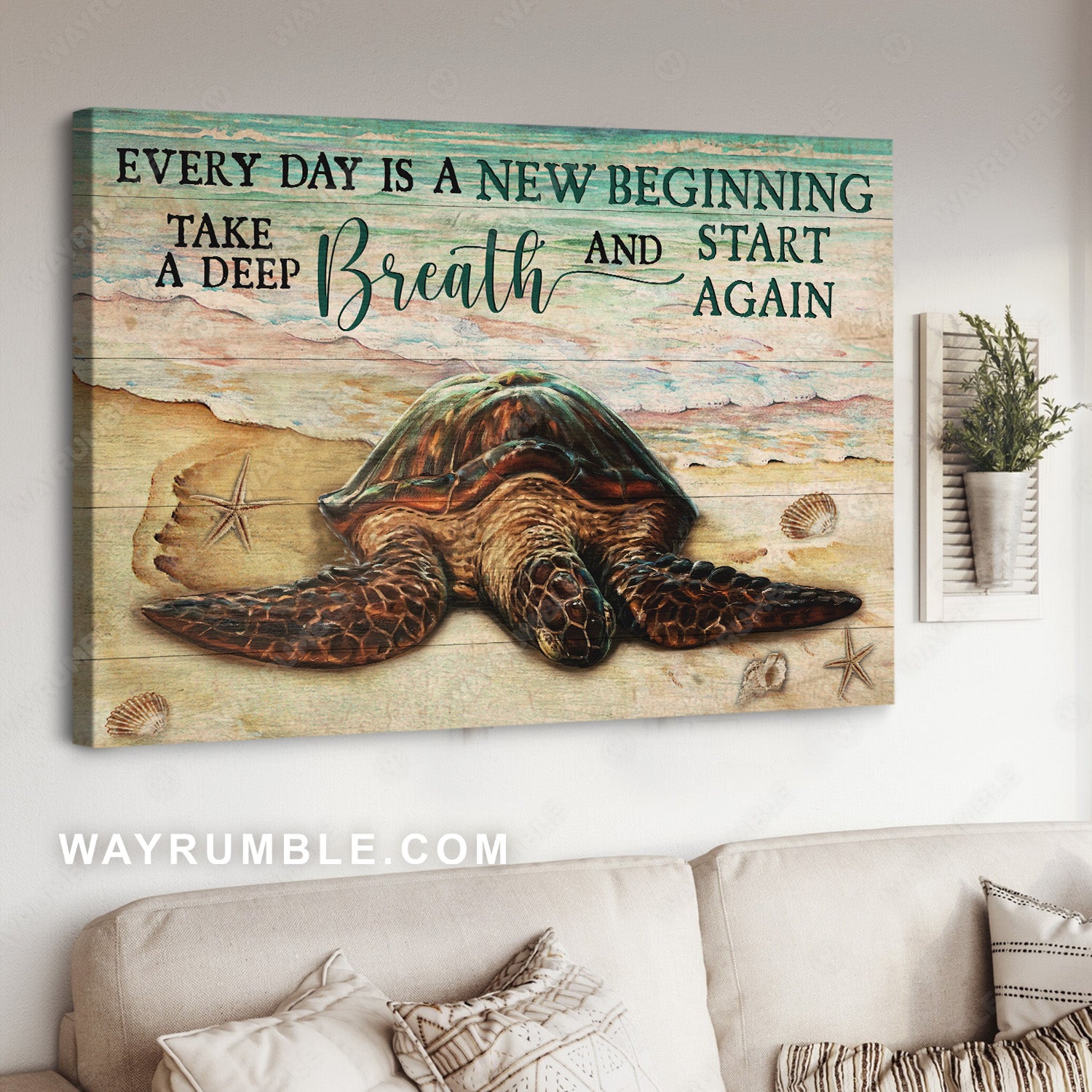 Amazing turtle drawing, Beach painting, Every day is a new beginning - Jesus Landscape Canvas Prints, Christian Wall Art