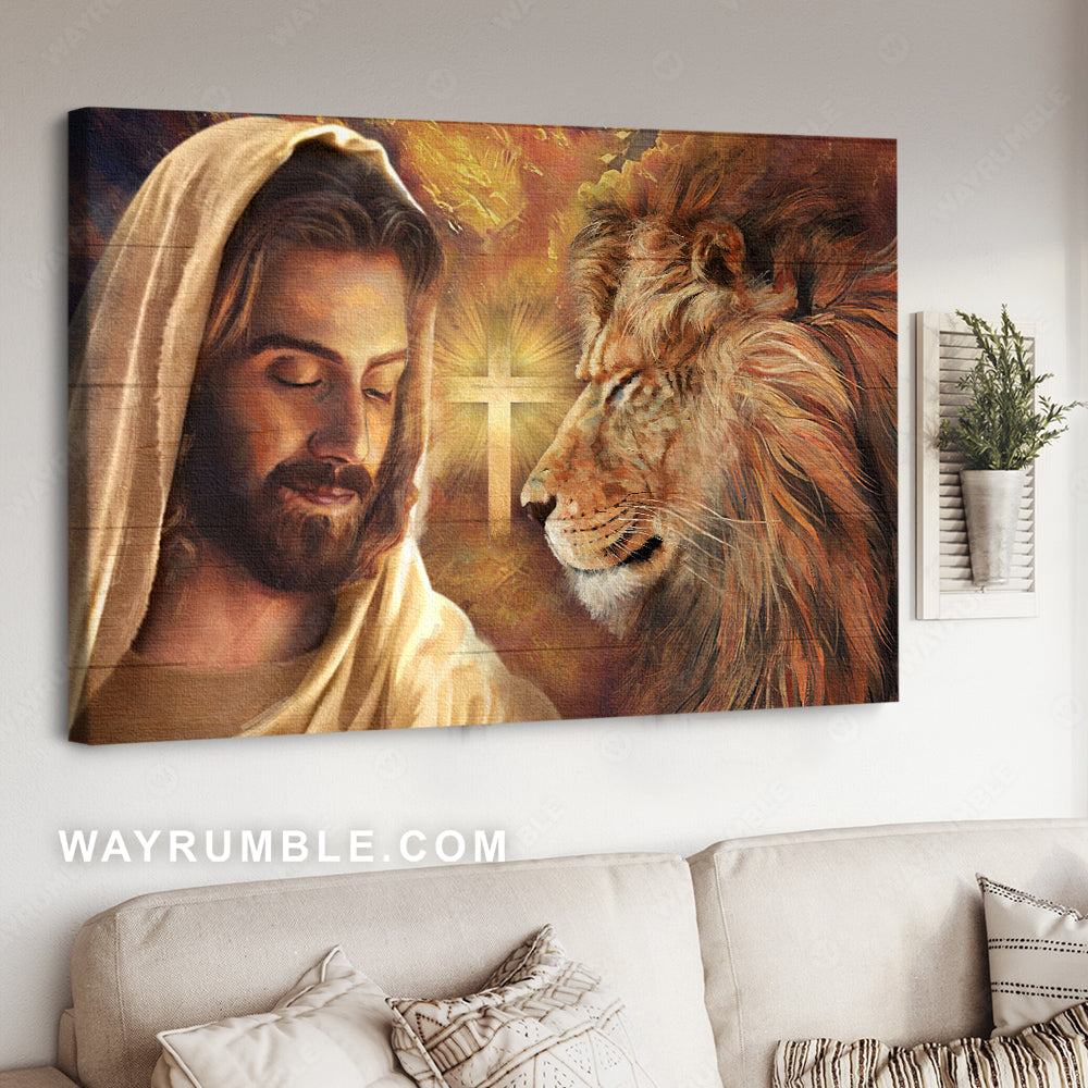 Face to face, Beautiful Jesus's face, Lion drawing, Cross symbol - Jesus Landscape Canvas Prints, Christian Wall Art