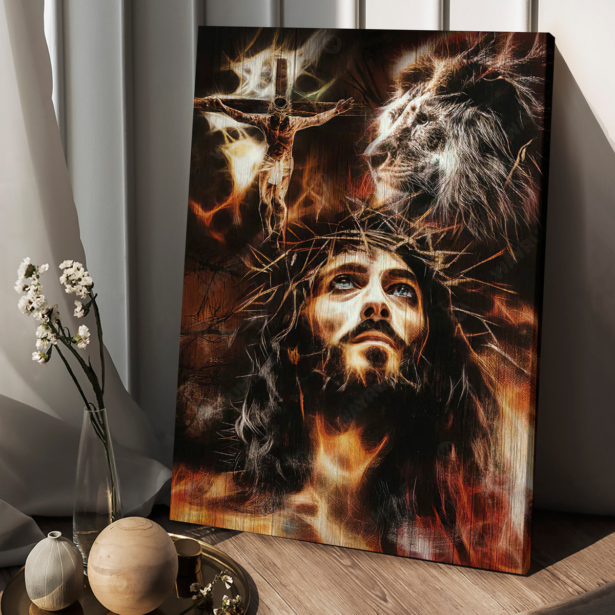 Jesus painting, Lion of Judah, The flame, The sacrifice of Jesus Christ - Jesus Portrait Canvas Prints, Christian Wall Art