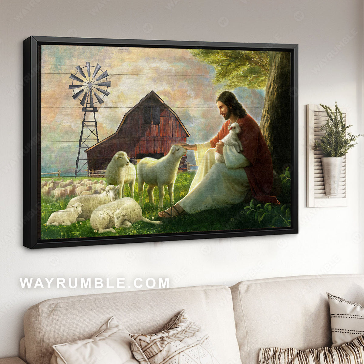 White lamb of God, Green meadow land, Peace farm, The world in his arm - Jesus Landscape Canvas Prints, Christian Wall Art