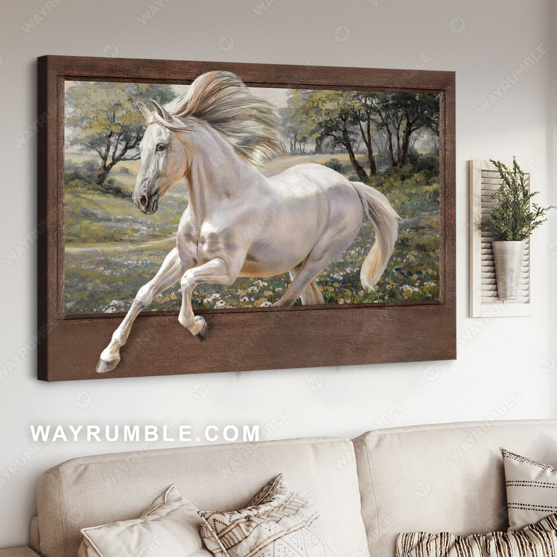 Running horse painting, Daisy field, Beautiful forest - Jesus Landscape Canvas Prints, Christian Wall Art