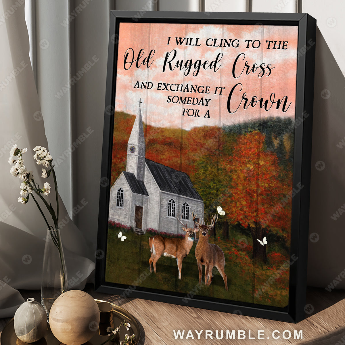 Pink sunset, Autumn forest, Deer drawing, I will cling to the old rugged cross - Jesus Portrait Canvas Prints, Wall Art