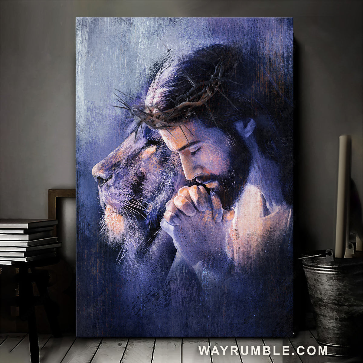 Lion of Judah, Purple halo, Pray for healing, Crown of thorn - Jesus Portrait Canvas Prints, Christian Wall Art