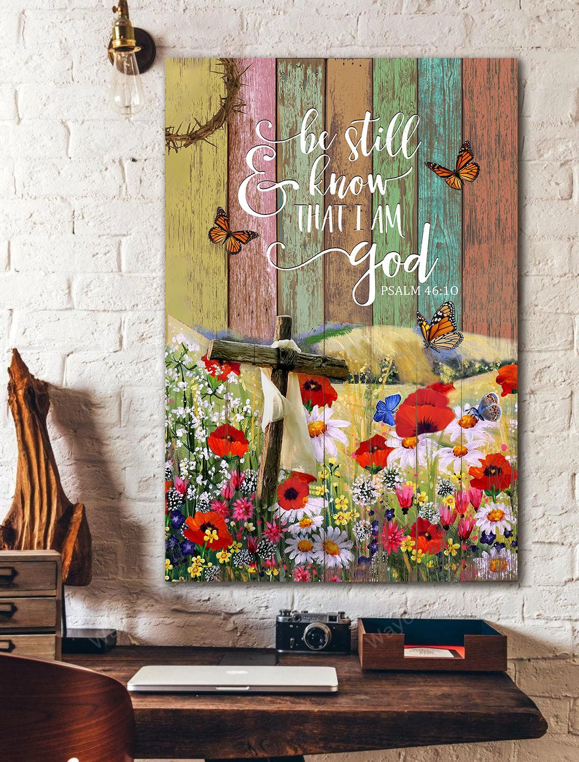 Wooden Cross, Flower Field, Butterfly, Be still and know that I am God - Jesus Portrait Canvas Prints, Wall Art
