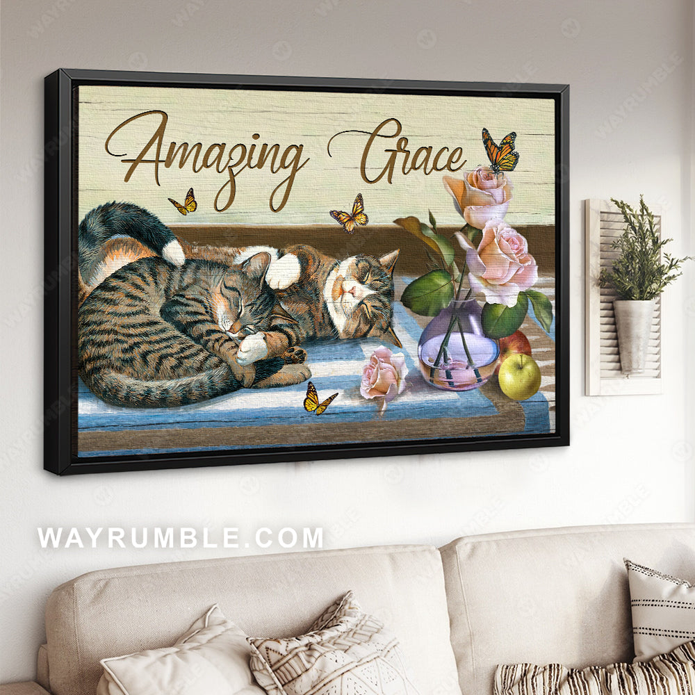 Sleeping cat, Pink rose, Pretty butterfly, Amazing grace - Jesus Landscape Canvas Prints, Christian Wall Art