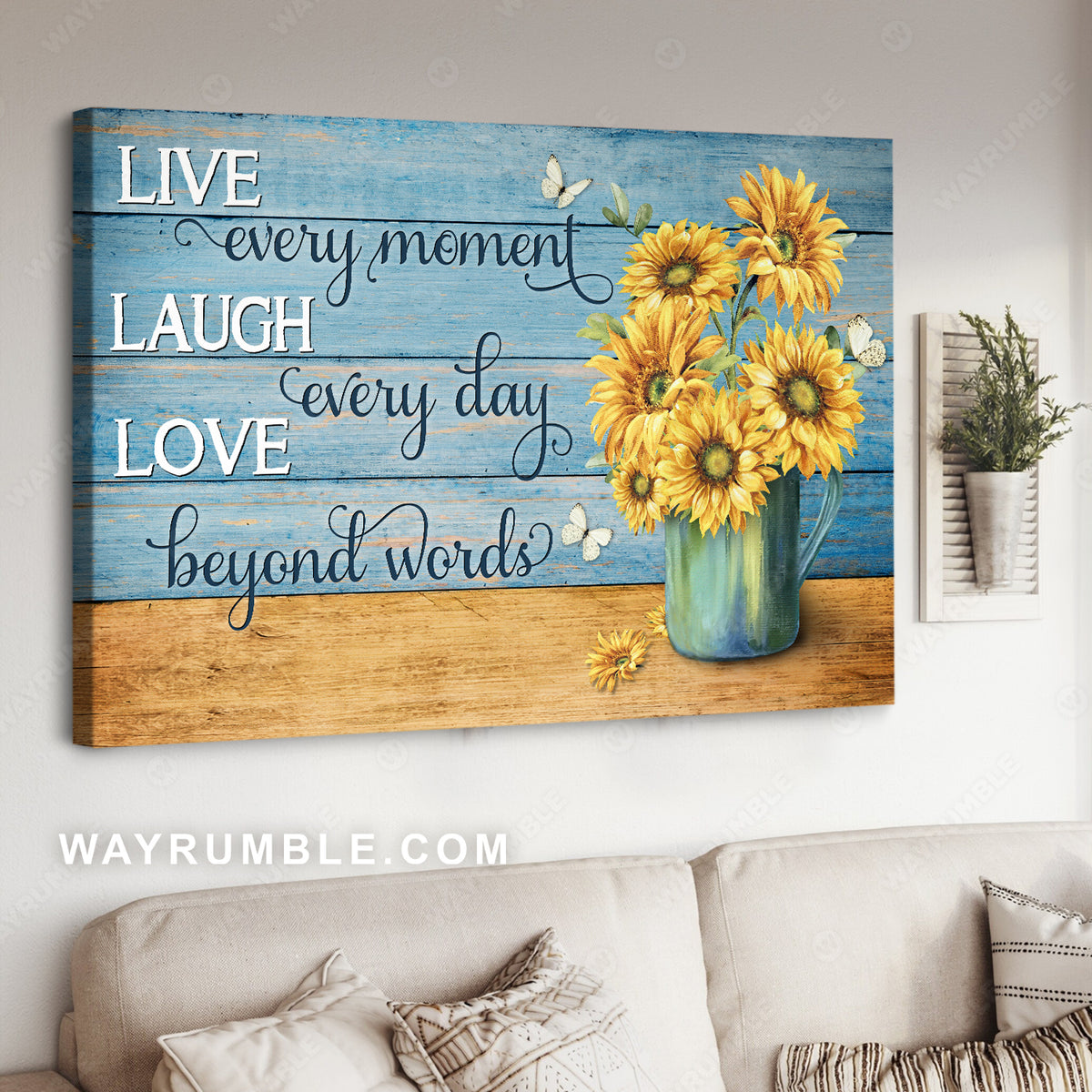 Sunflower drawing, White butterfly, Live every moment, laugh every day - Jesus Landscape Canvas Prints, Christian Wall Art