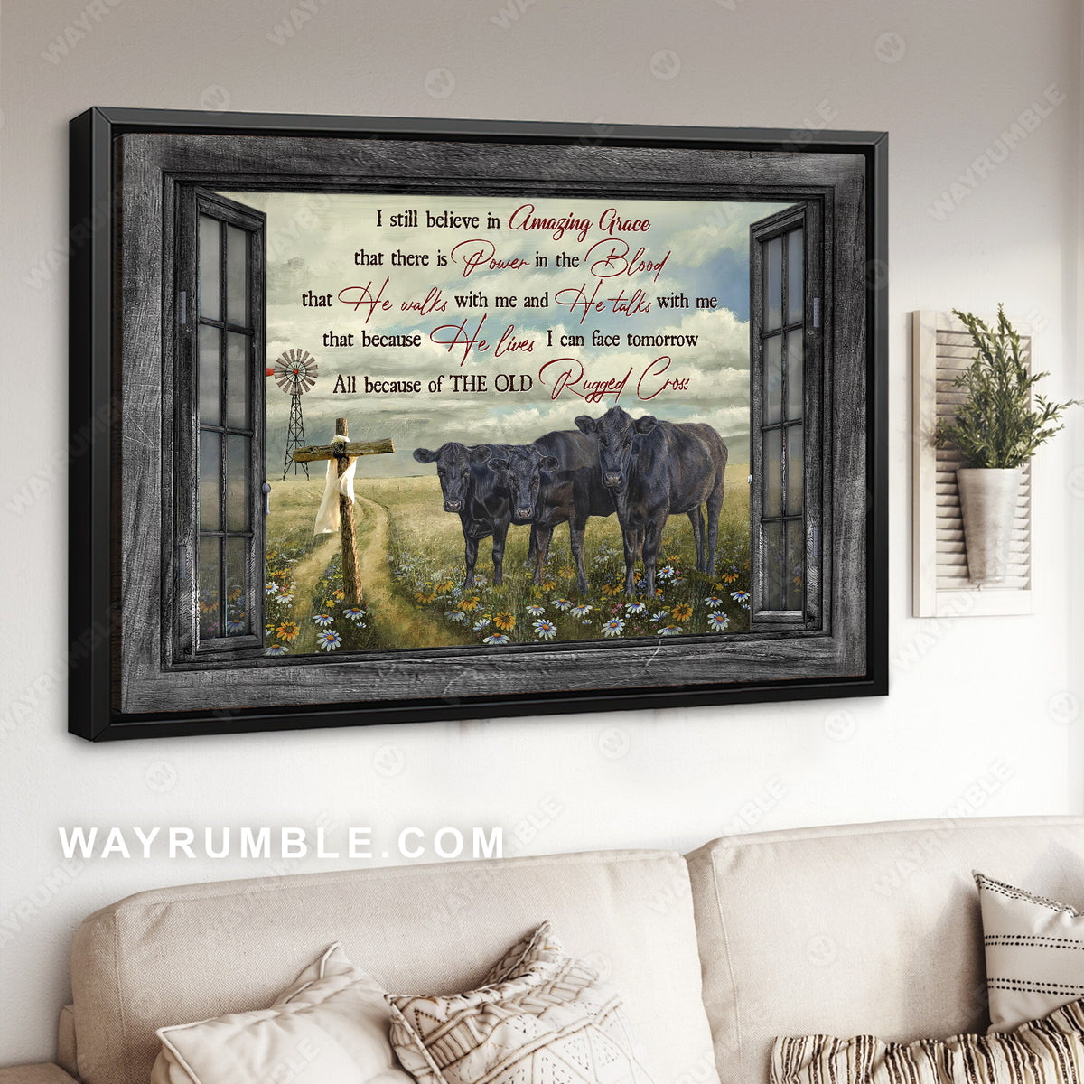 Black cow, Green meadow land, Daisy field, I still believe in amazing grace - Jesus Landscape Canvas Prints, Christian Wall Art