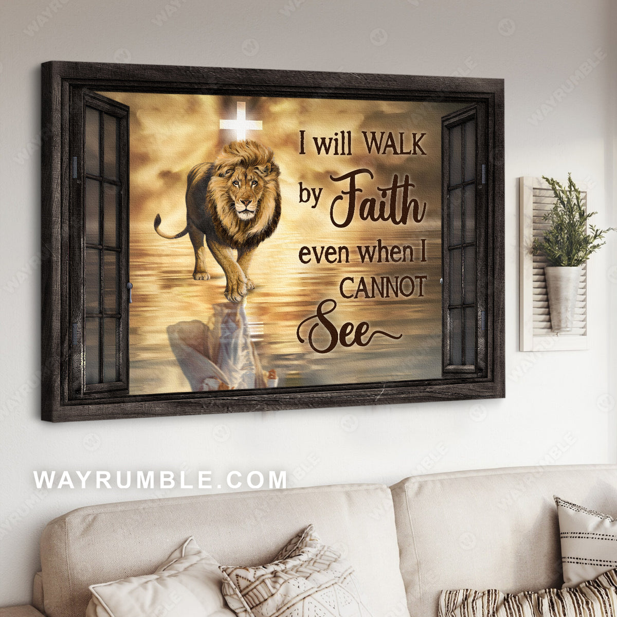 Beautiful lion, Light cross, Walking on water, I will walk by faith - Jesus Landscape Canvas Prints, Home Decor Wall Art