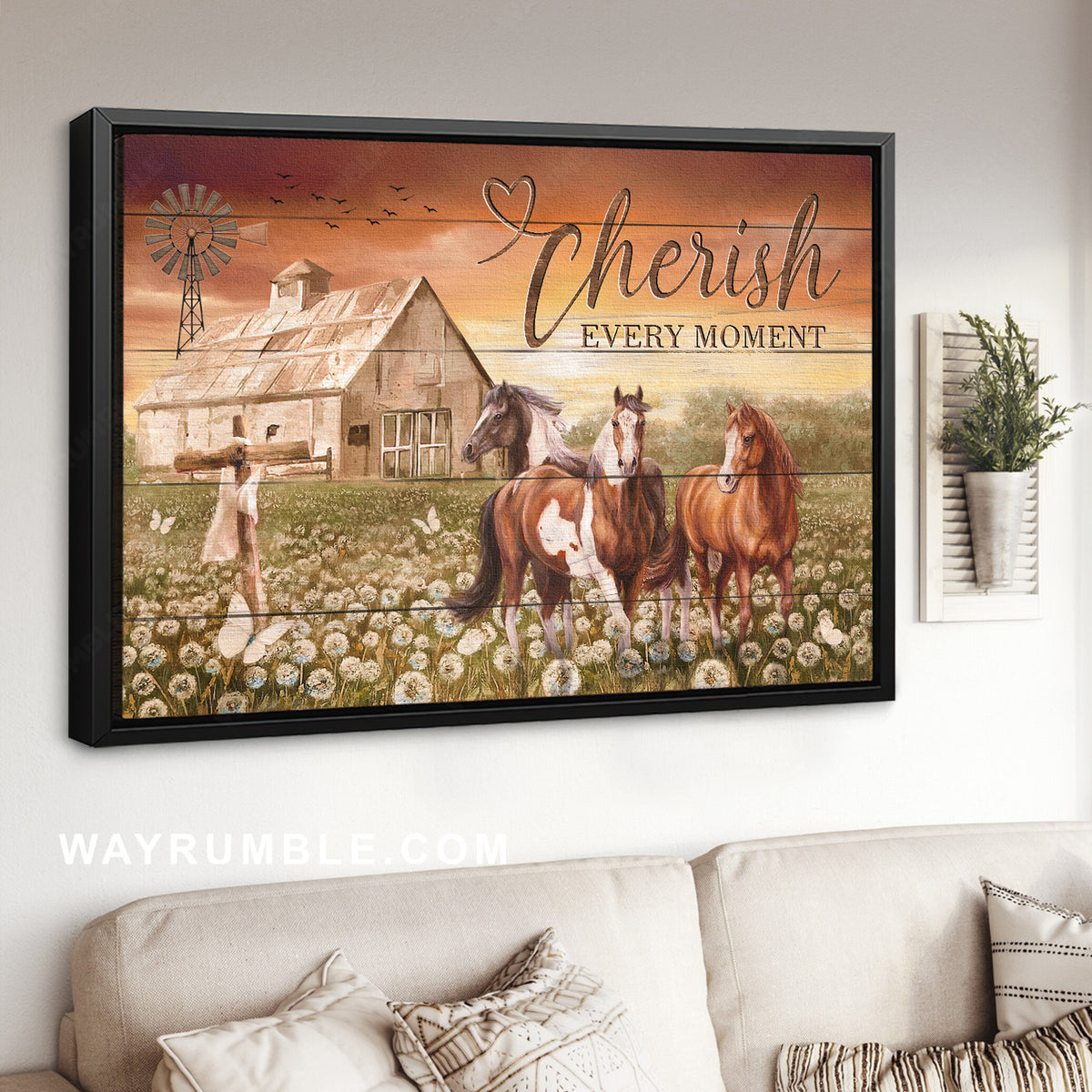Quarter horse, Pretty dandelion field, Orange sunset, Cherish every moment - Jesus Landscape Canvas Prints, Home Decor Wall Art
