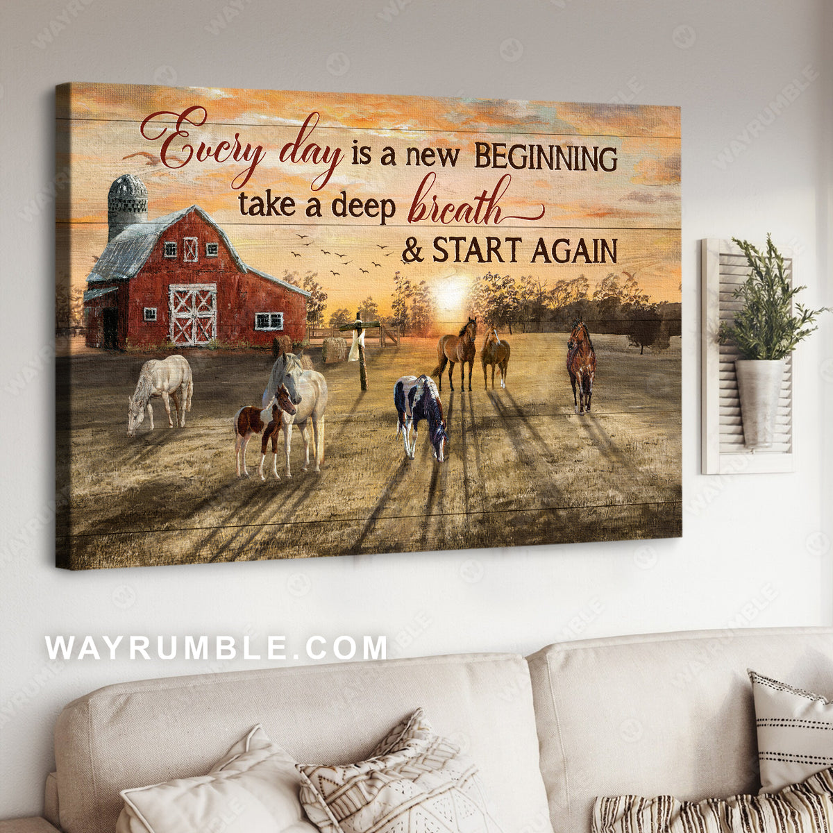 Sunny day, Horse farm, Meadow land, Every day is a new beginning - Jesus Landscape Canvas Prints, Christian Wall Art