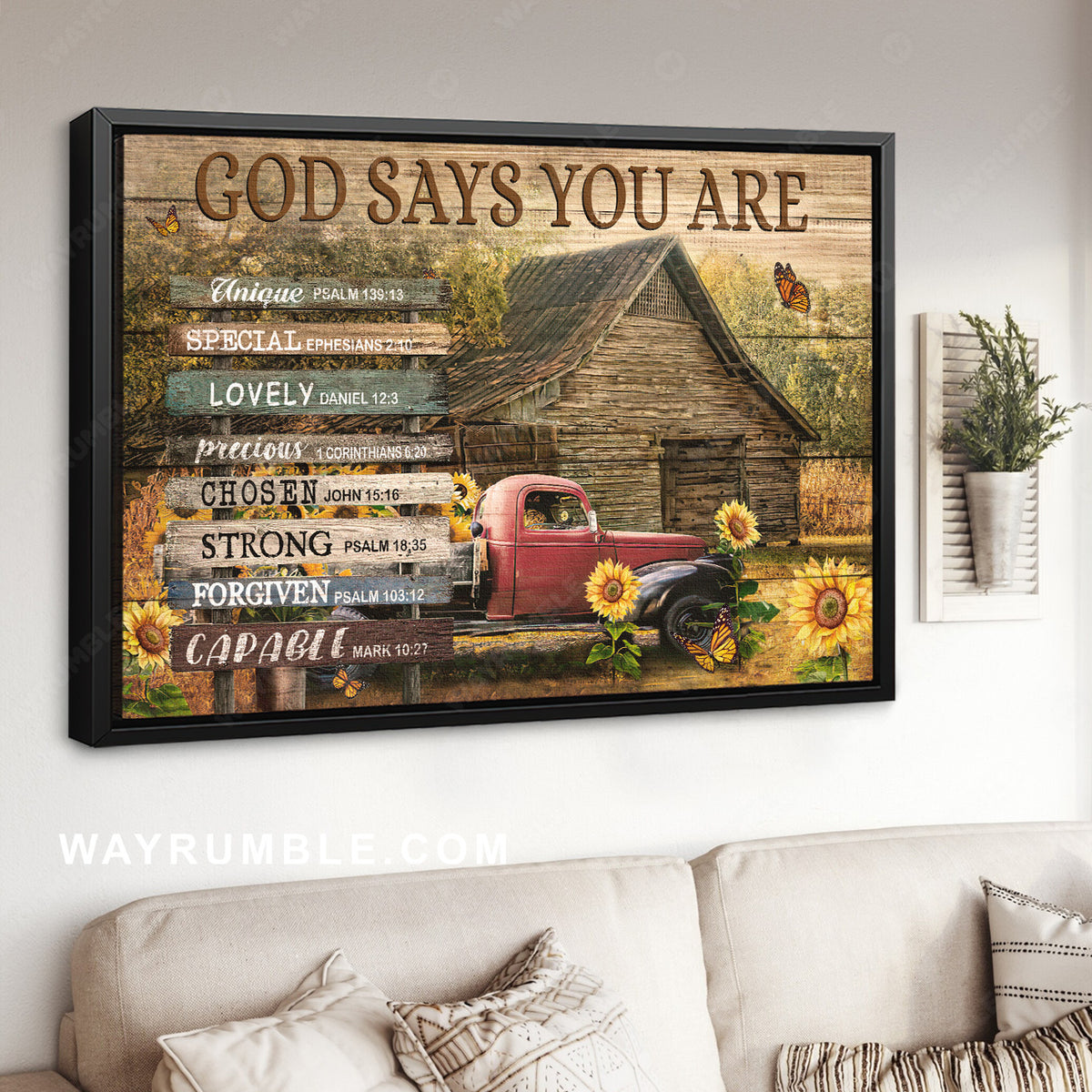 Sunflower field, Wooden house, Monarch butterfly, God says you are unique - Jesus Landscape Canvas Prints, Home Decor Wall Art