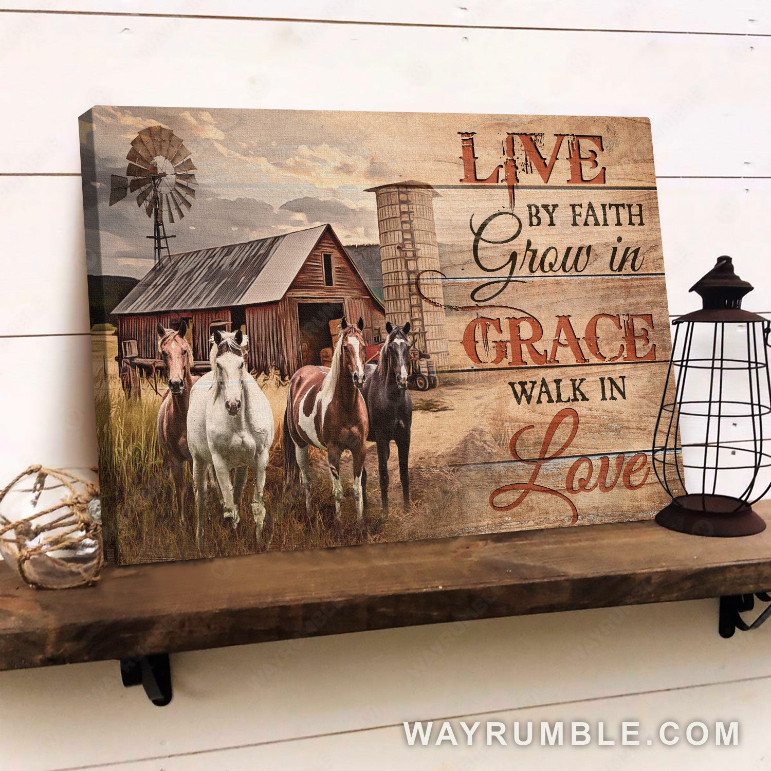 Vintage farm painting, Quarter horse, Wooden house, Live by faith - Jesus Landscape Canvas Prints, Home Decor Wall Art