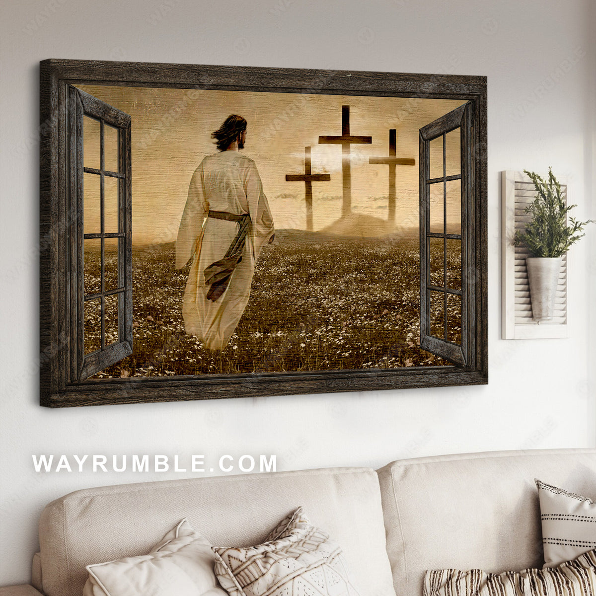 Jesus is king, Amazing sunset, Flower field, Vintage window painting - Jesus Landscape Canvas Prints, Christian Wall Art