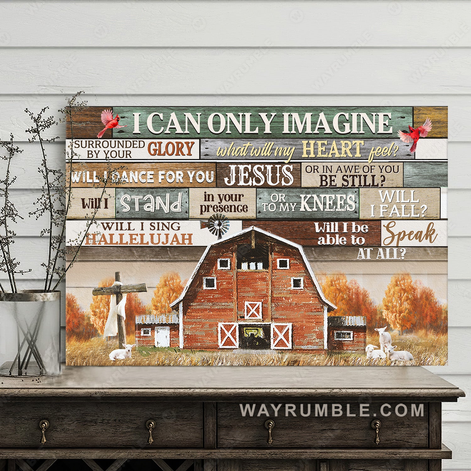 Vintage house, Autumn forest, White lamb, I can only imagine - Jesus Landscape Canvas Prints, Home Decor Wall Art