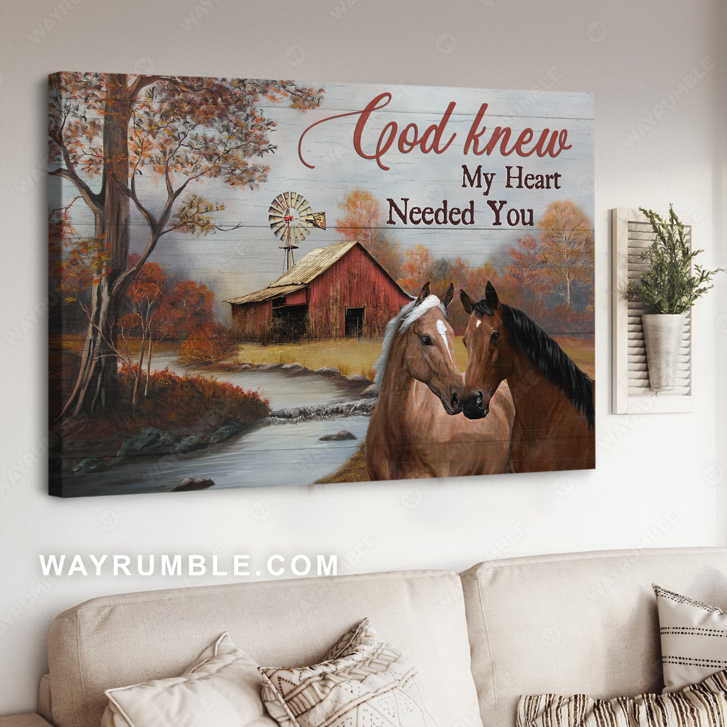 Brown horses drawing, River painting, Autumn forest, God knew my heart needed you - Jesus Landscape Canvas Prints, Christian Wall Art