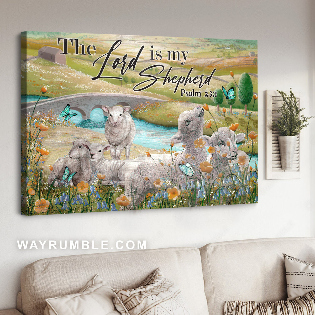 Cute lamb, Beautiful park, Flower garden, The Lord is my Shepherd - Jesus Landscape Canvas Prints, Christian Wall Art
