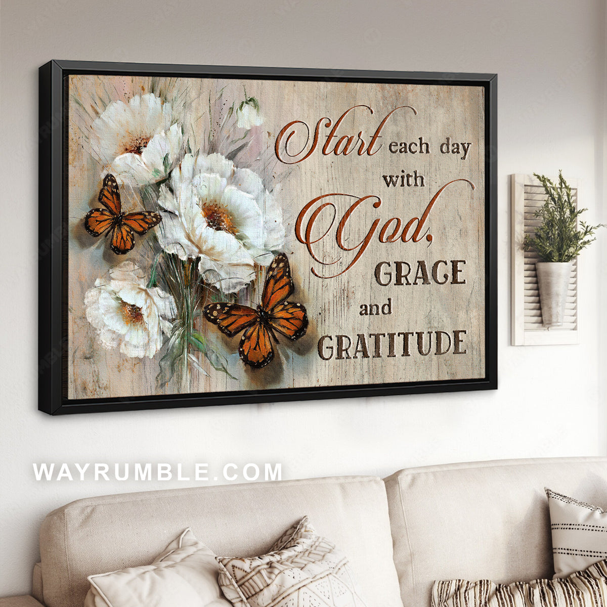 Pretty camellia flower, Monarch butterfly, Start each day with God - Jesus Landscape Canvas Prints, Christian Wall Art