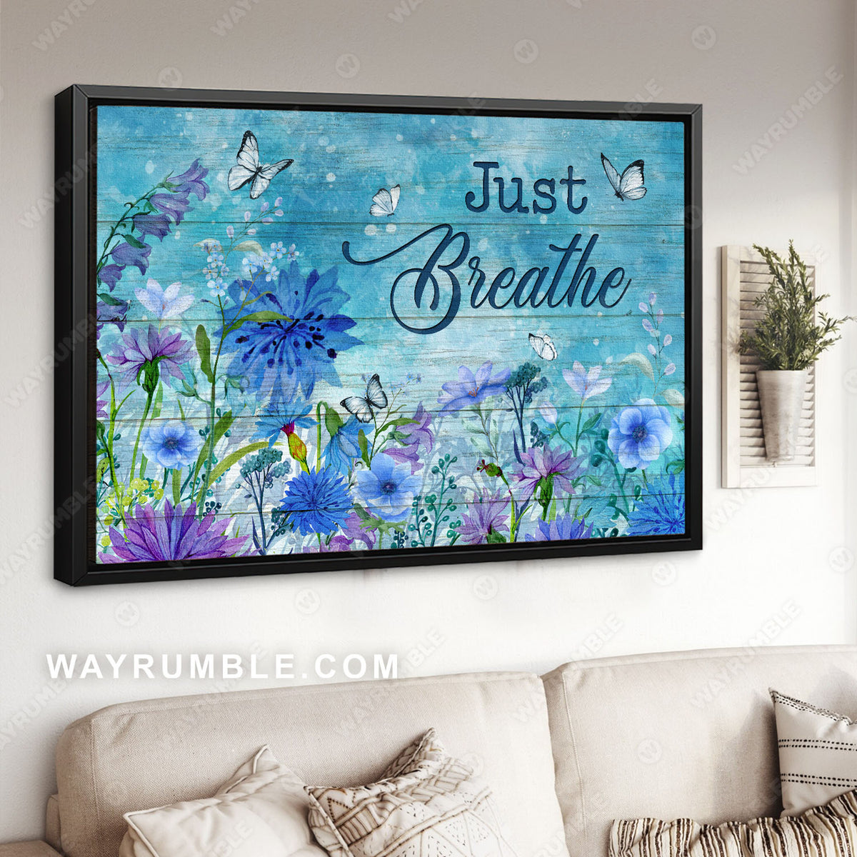 Blue flower garden, Pretty butterfly, Spring painting, Just breathe - Jesus Landscape Canvas Prints, Christian Wall Art