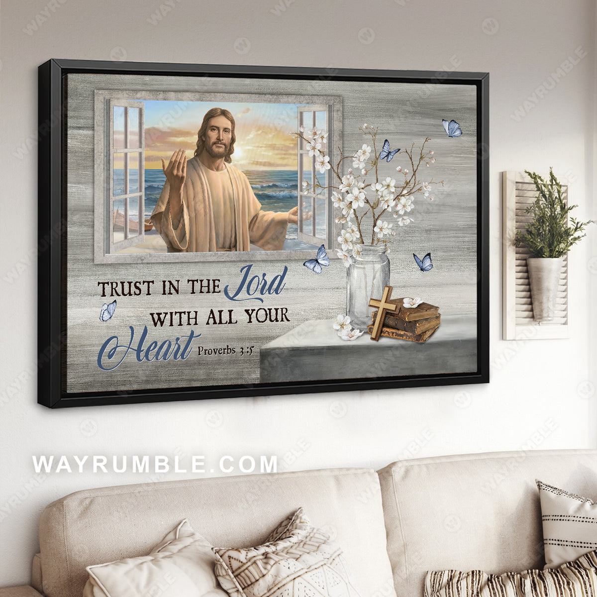 Jesus painting, White jasmine, Blue butterfly, Trust in the Lord - Jesus Landscape Canvas Prints, Home Decor Wall Art