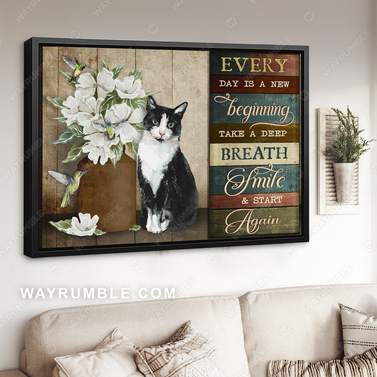 Pretty cat drawing, White flower, Hummingbird, Every day is a new beginning - Jesus Landscape Canvas Prints, Christian Wall Art