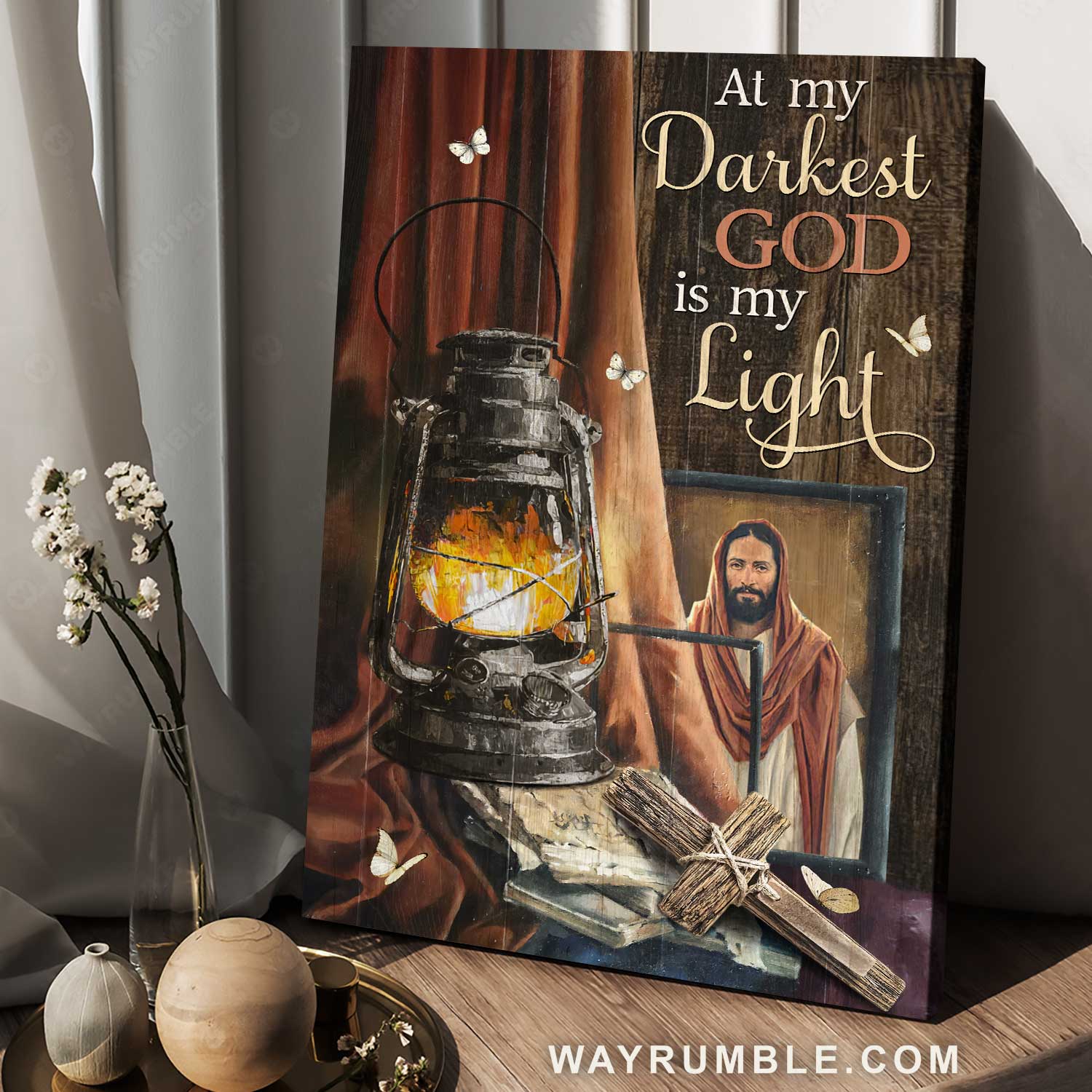 Watercolor lantern, Jesus painting, Cross, At my darkest, God is my light - Jesus Portrait Canvas Prints, Home Decor Wall Art