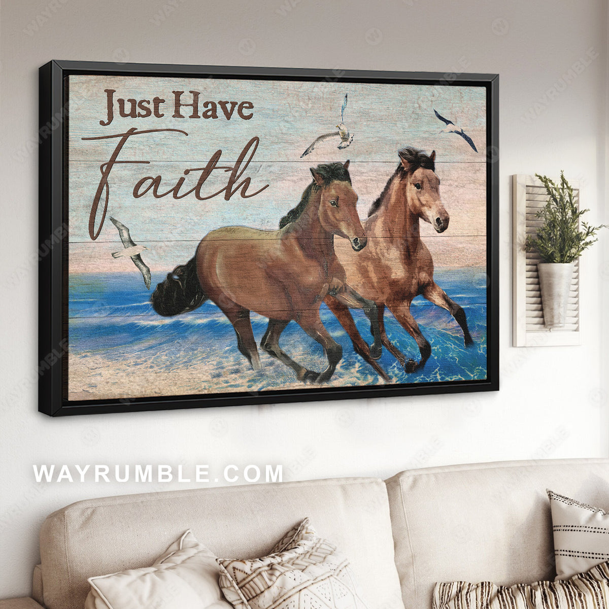 Blue ocean, Running horses, Seagull, Just have faith - Jesus Landscape Canvas Prints, Christian Wall Art