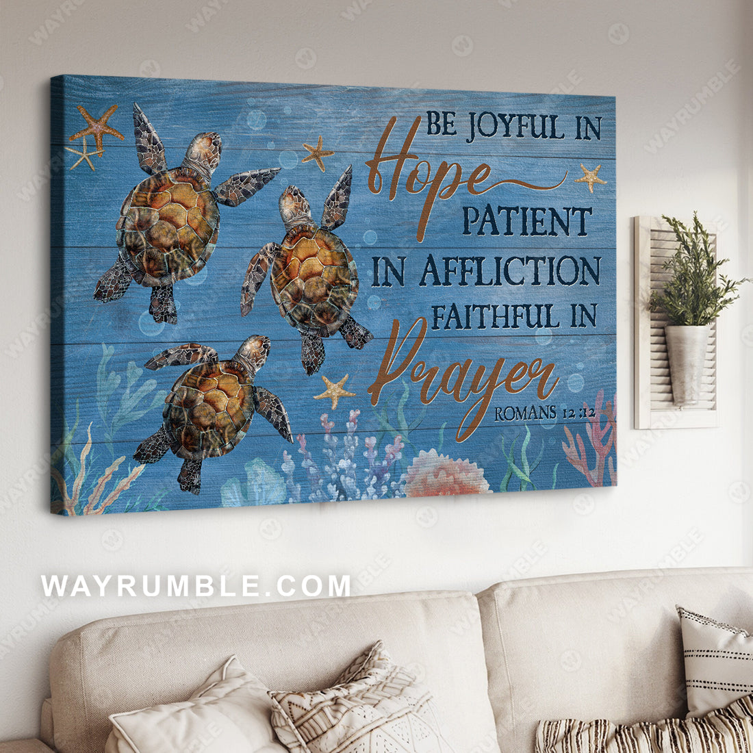 Little sea turtle, Blue ocean painting, Be joyful in hope - Jesus Landscape Canvas Prints, Christian Wall Art