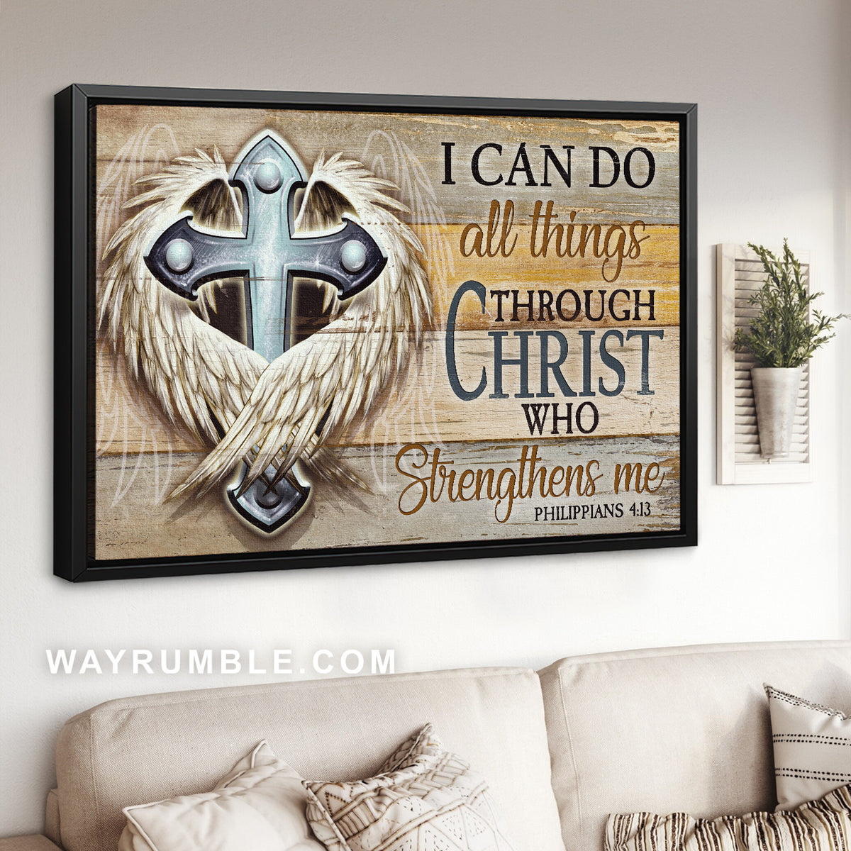 Stunning angel wings, Unique cross, I can do all things - Jesus Landscape Canvas Prints, Home Decor Wall Art