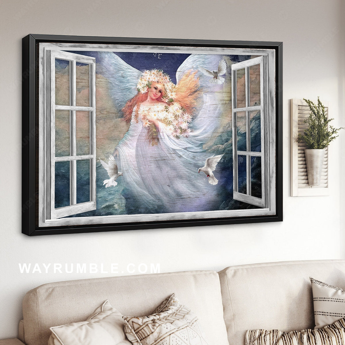 Beautiful angel, Daisy vase, White dove, The way to heaven - Jesus Landscape Canvas Prints, Christian Wall Art