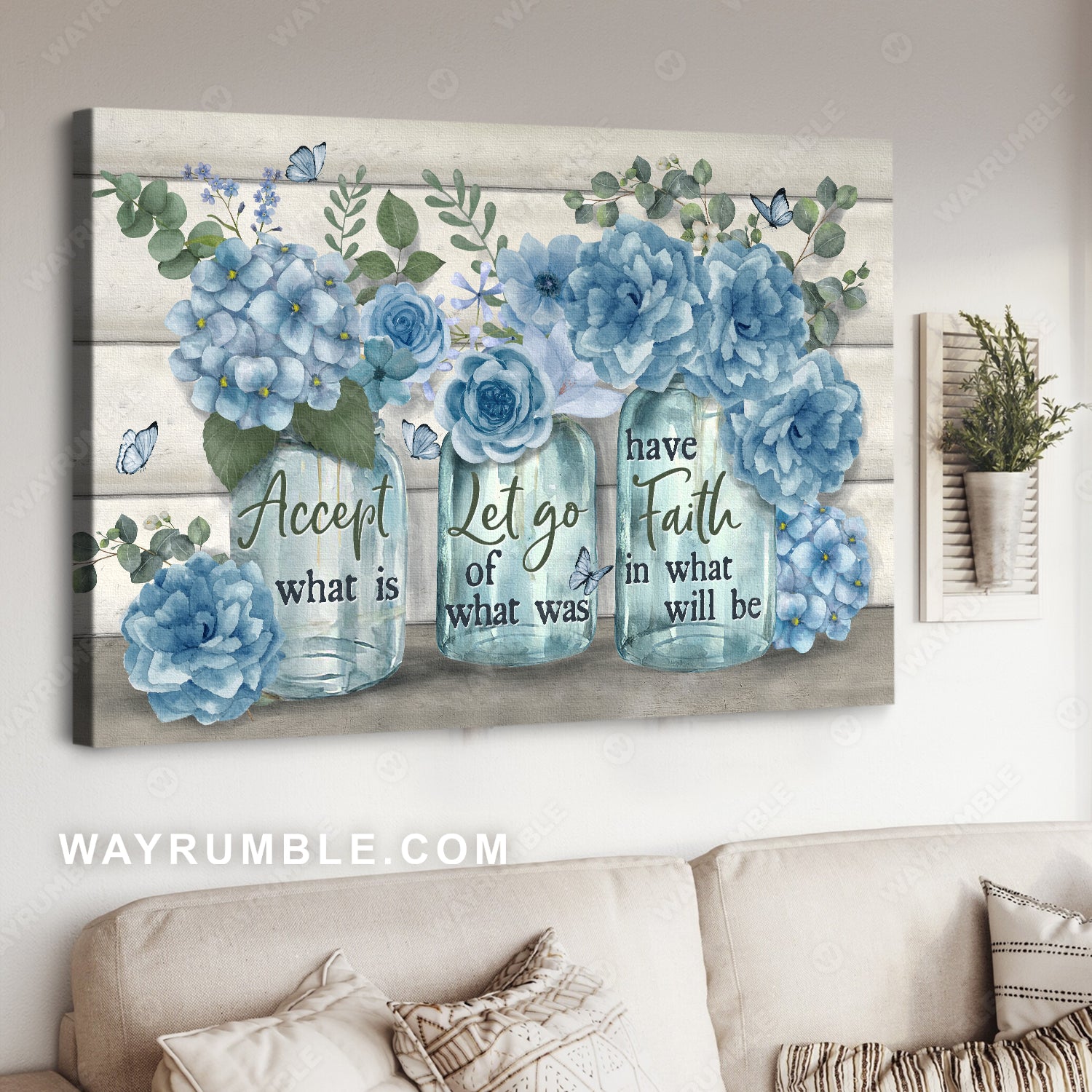 Beautiful flower, Blue flower vase, Butterfly painting, Accept what is let go - Jesus Landscape Canvas Prints, Home Decor Wall Art