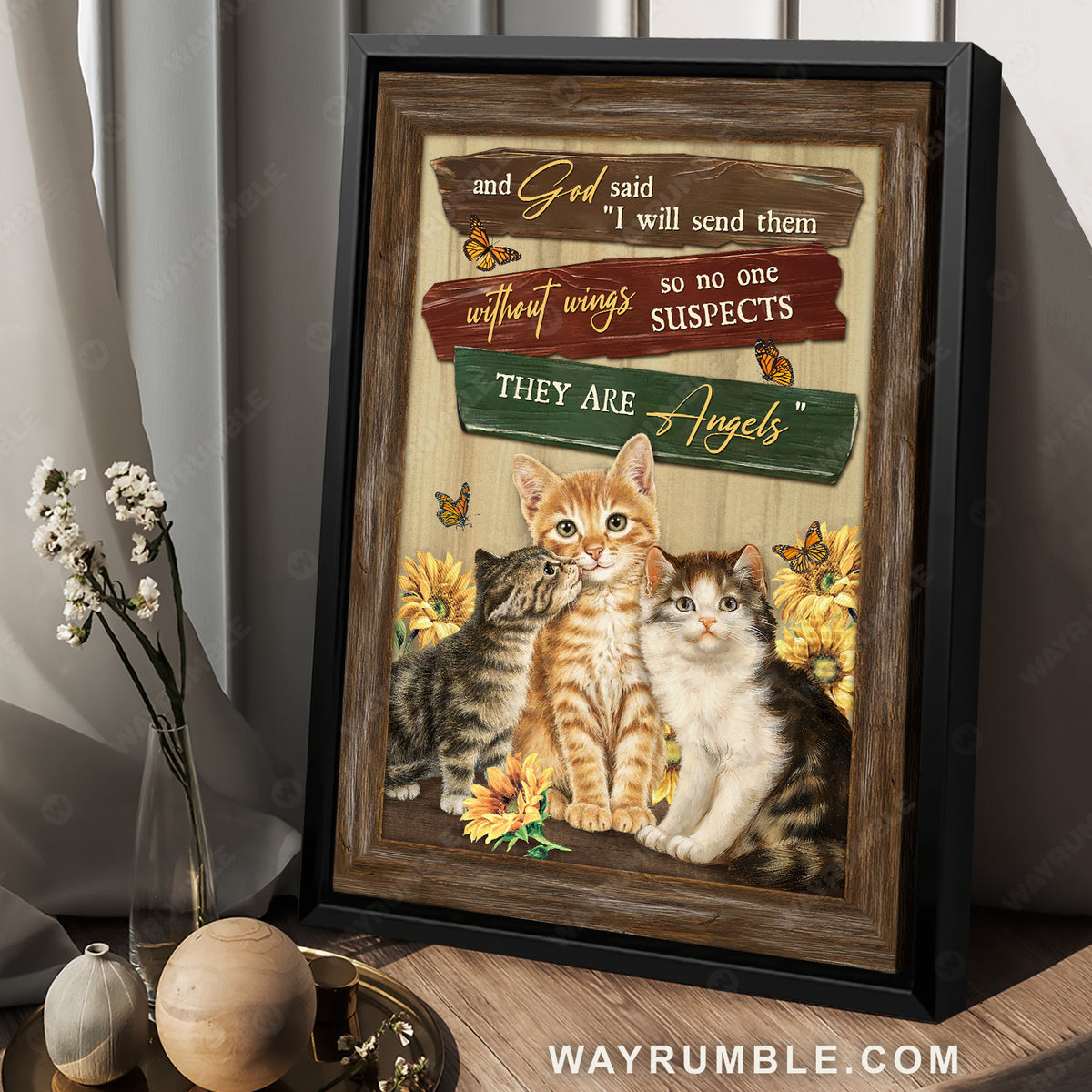 Gift for cat lover, Sunflower frame, Monarch butterfly, And God said - Jesus Portrait Canvas Prints, Home Decor Wall Art