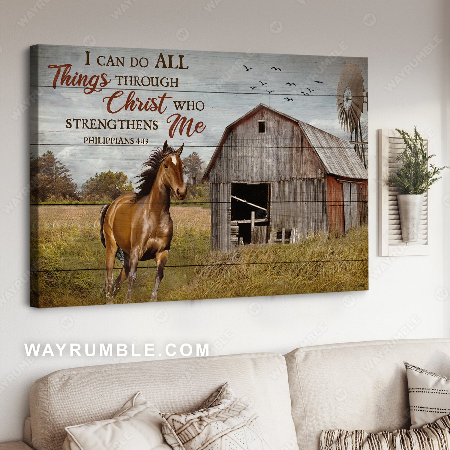 Running horse, Green meadow, Windmill painting, I can do all things - Jesus Landscape Canvas Prints, Christian Wall Art